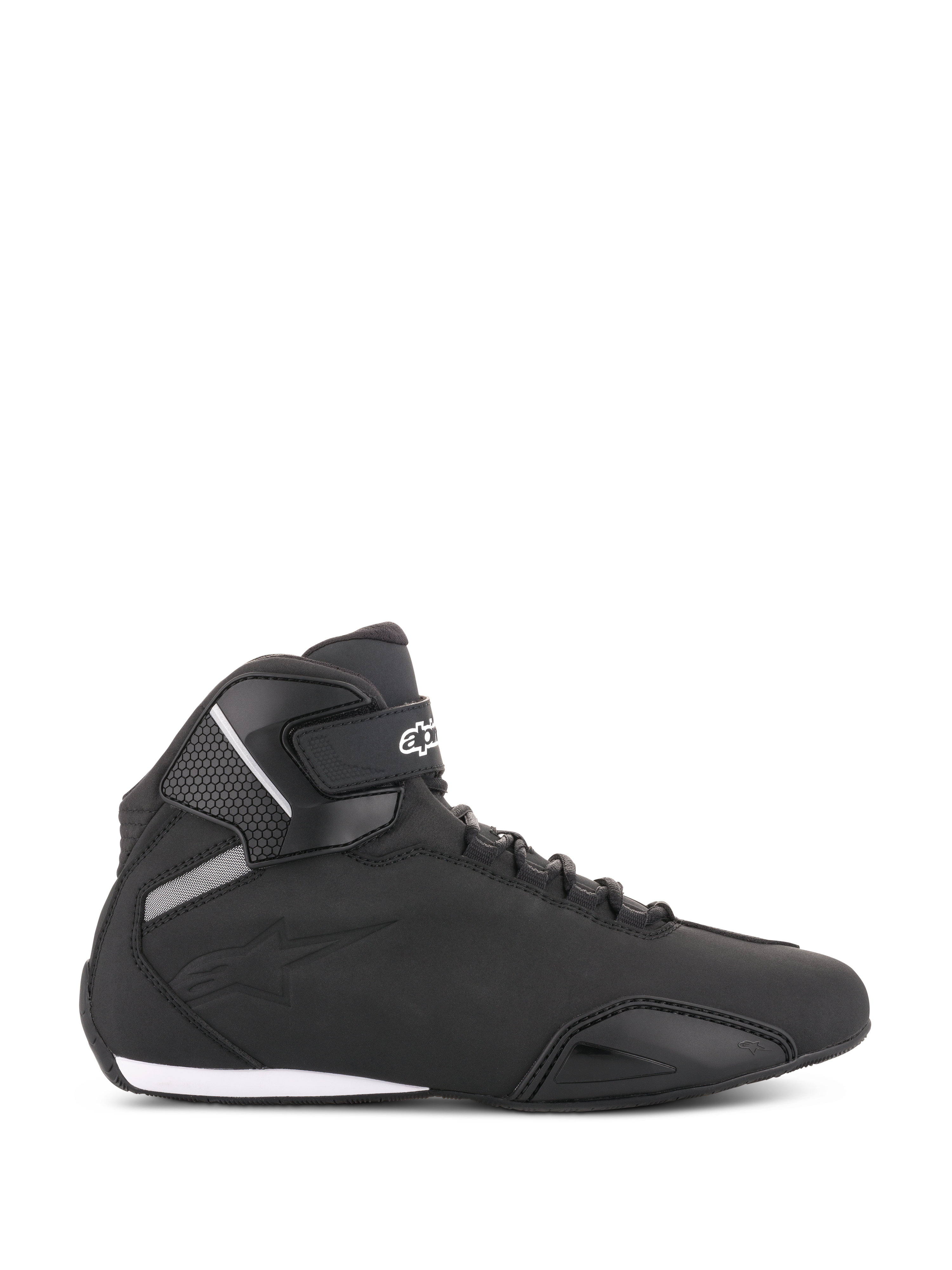 Alpinestars Sektor Shoes, Black Motorcycle Riding Shoes, side profile view, sleek microfiber construction with reinforced toe and ankle strap, white Alpinestars logo, athletic sport-styled protective footwear.