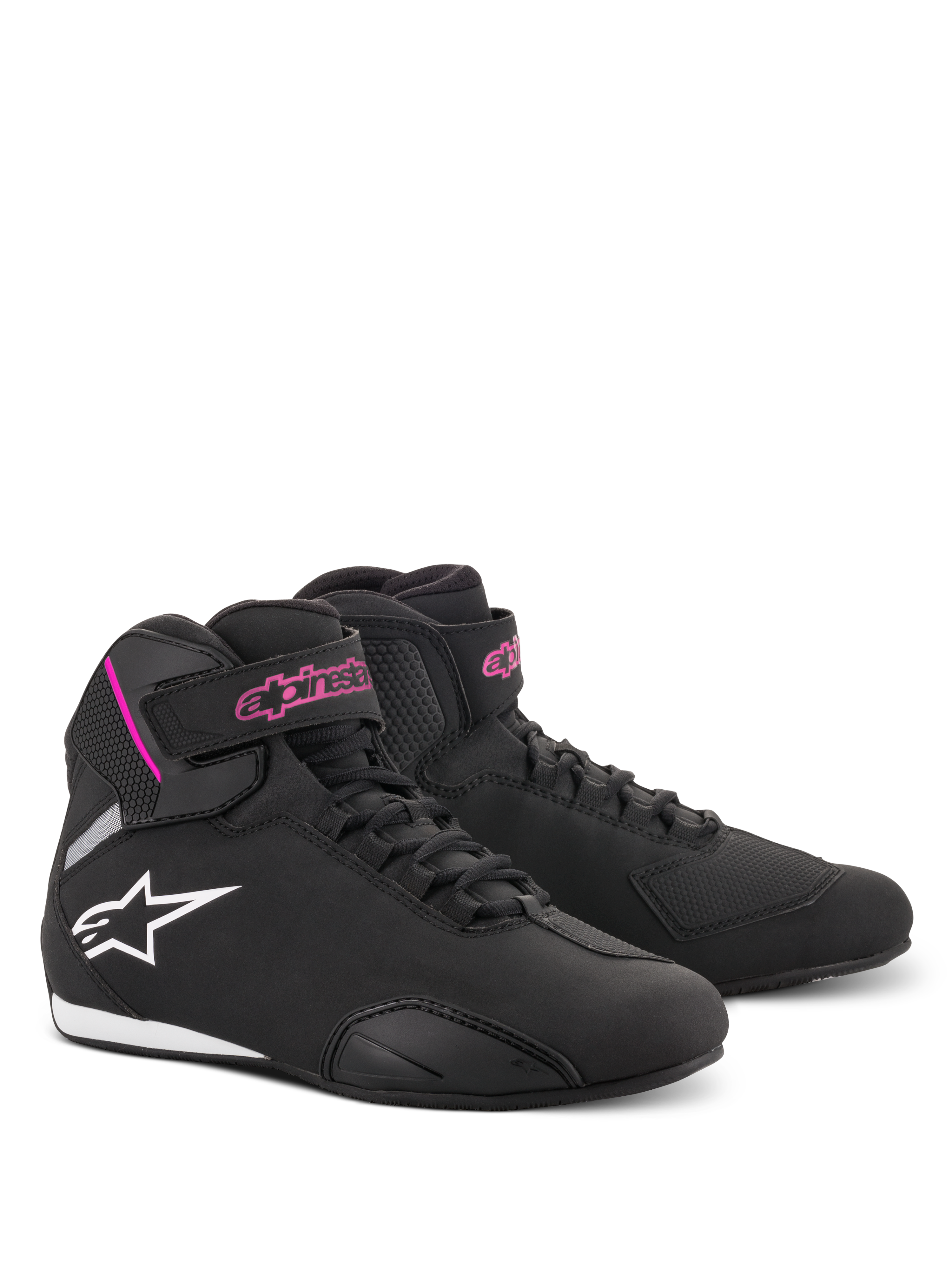 Sapatos Alpinestars Stella Sektor Femininos, sapatos de motociclismo, preto e fúcsia, construção em microfibra leve, design de cano alto com atacadores rápidos e tira de velcro, logótipo da marca em rosa e logótipo de estrela branco, calçado de proteção desportivo