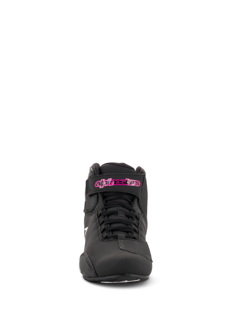 Alpinestars Stella Sektor Shoes Femininos, sapatos de motociclismo, pretos e fúcsia, vista frontal, com construção em microfibra, atacadores pretos e logótipo fúcsia na tira do tornozelo, design elegante de inspiração desportiva.