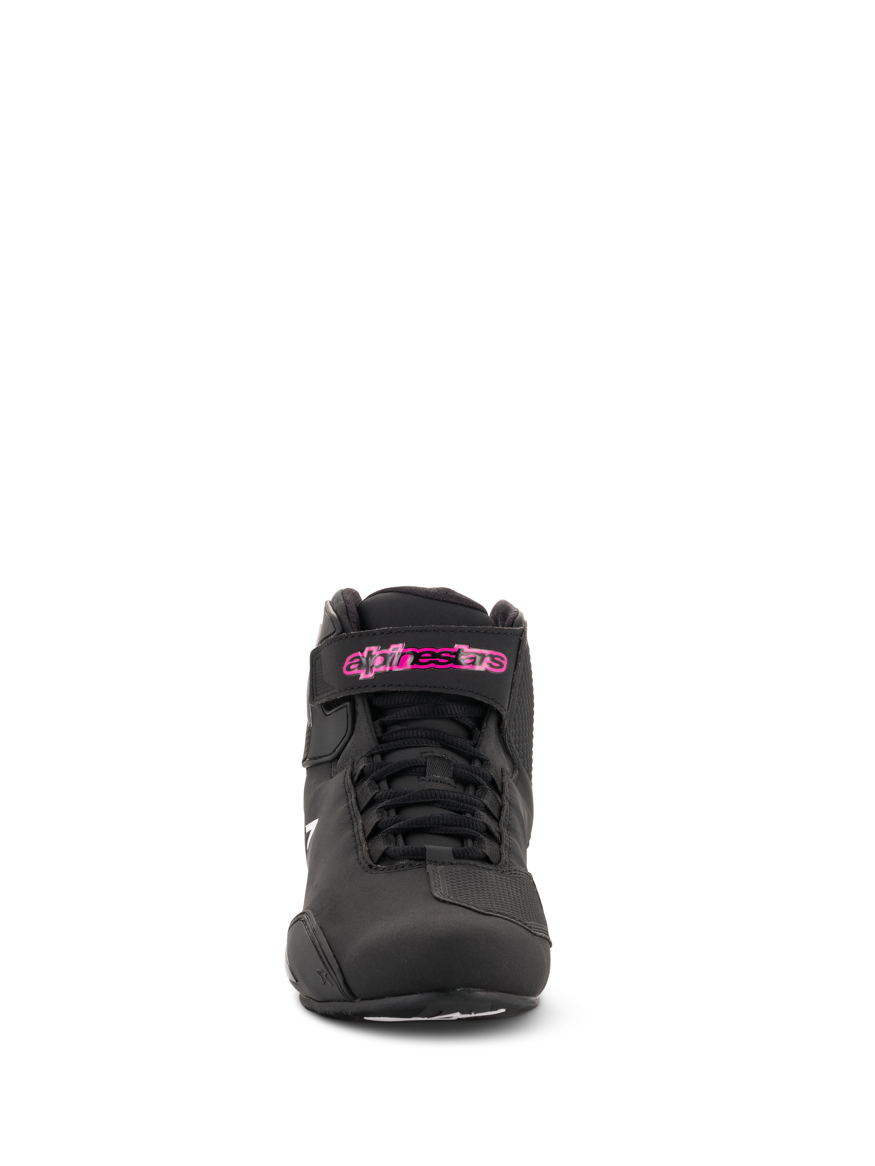 Alpinestars Stella Sektor Shoes Femininos, sapatos de motociclismo, pretos e fúcsia, vista frontal, com construção em microfibra, atacadores pretos e logótipo fúcsia na tira do tornozelo, design elegante de inspiração desportiva.