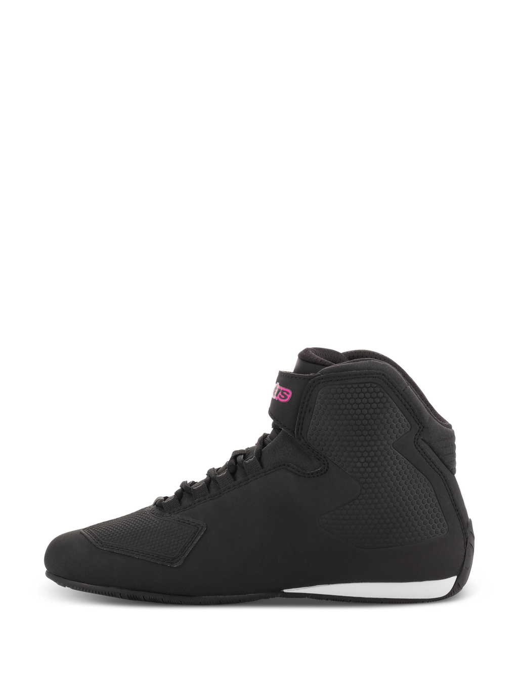 Alpinestars Women Stella Sektor Shoes, sapatos de motociclismo, preto e fúcsia, perfil lateral com parte superior em microfibra preta, logótipo cor-de-rosa na tira do tornozelo e detalhe branco no calcanhar