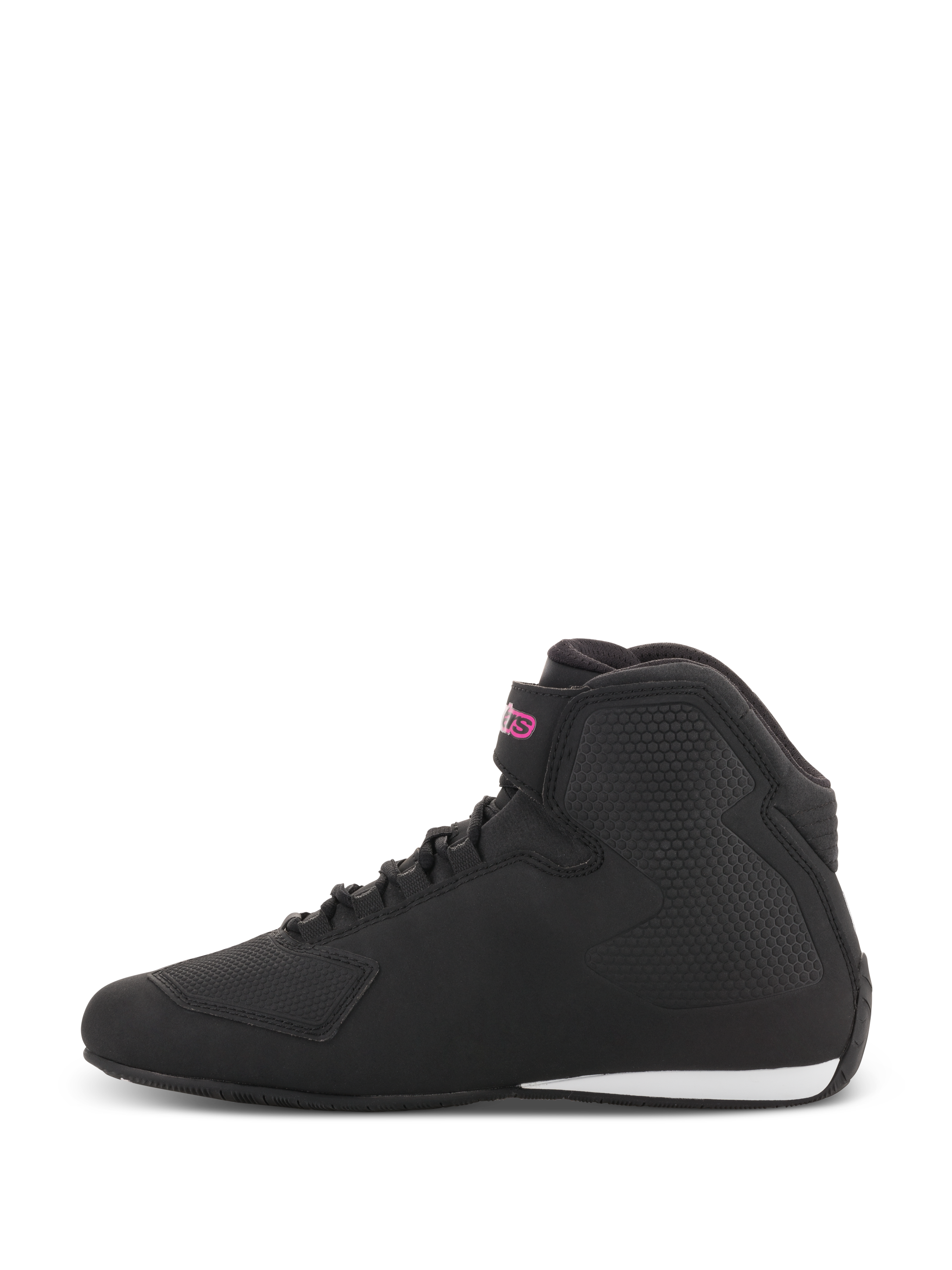 Alpinestars Women Stella Sektor Shoes, sapatos de motociclismo, preto e fúcsia, perfil lateral com parte superior em microfibra preta, logótipo cor-de-rosa na tira do tornozelo e detalhe branco no calcanhar