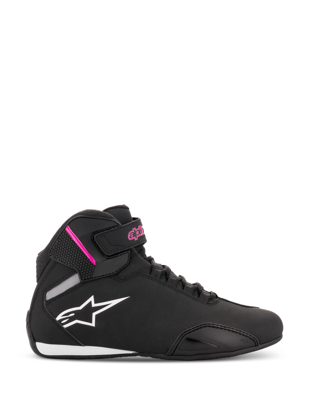 Sapatilhas Alpinestars Stella Sektor para Mulher, sapatilhas de motociclismo de cano alto em preto e fúcsia, logótipo de estrela branco, detalhes cor-de-rosa na tira do tornozelo, atacadores pretos, sola branca e preta, construção leve em microfibra