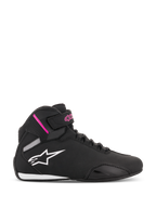 Sapatilhas Alpinestars Stella Sektor para Mulher, sapatilhas de motociclismo de cano alto em preto e fúcsia, logótipo de estrela branco, detalhes cor-de-rosa na tira do tornozelo, atacadores pretos, sola branca e preta, construção leve em microfibra