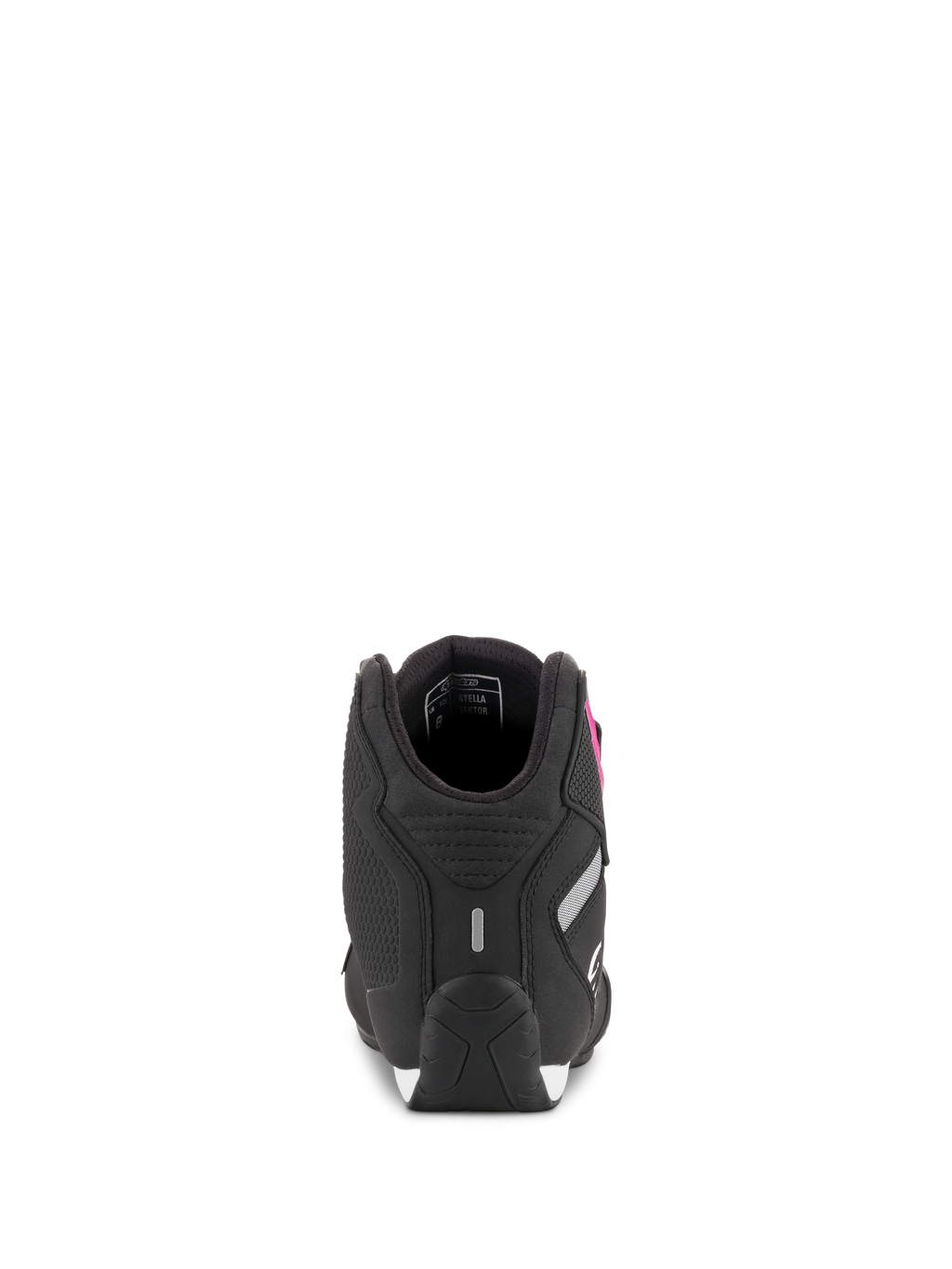 Sapatos Alpinestars Stella Sektor para Mulher, pretos e fúcsia, vista traseira mostrando a construção do calcanhar e detalhe refletor, calçado de motociclismo em microfibra leve.