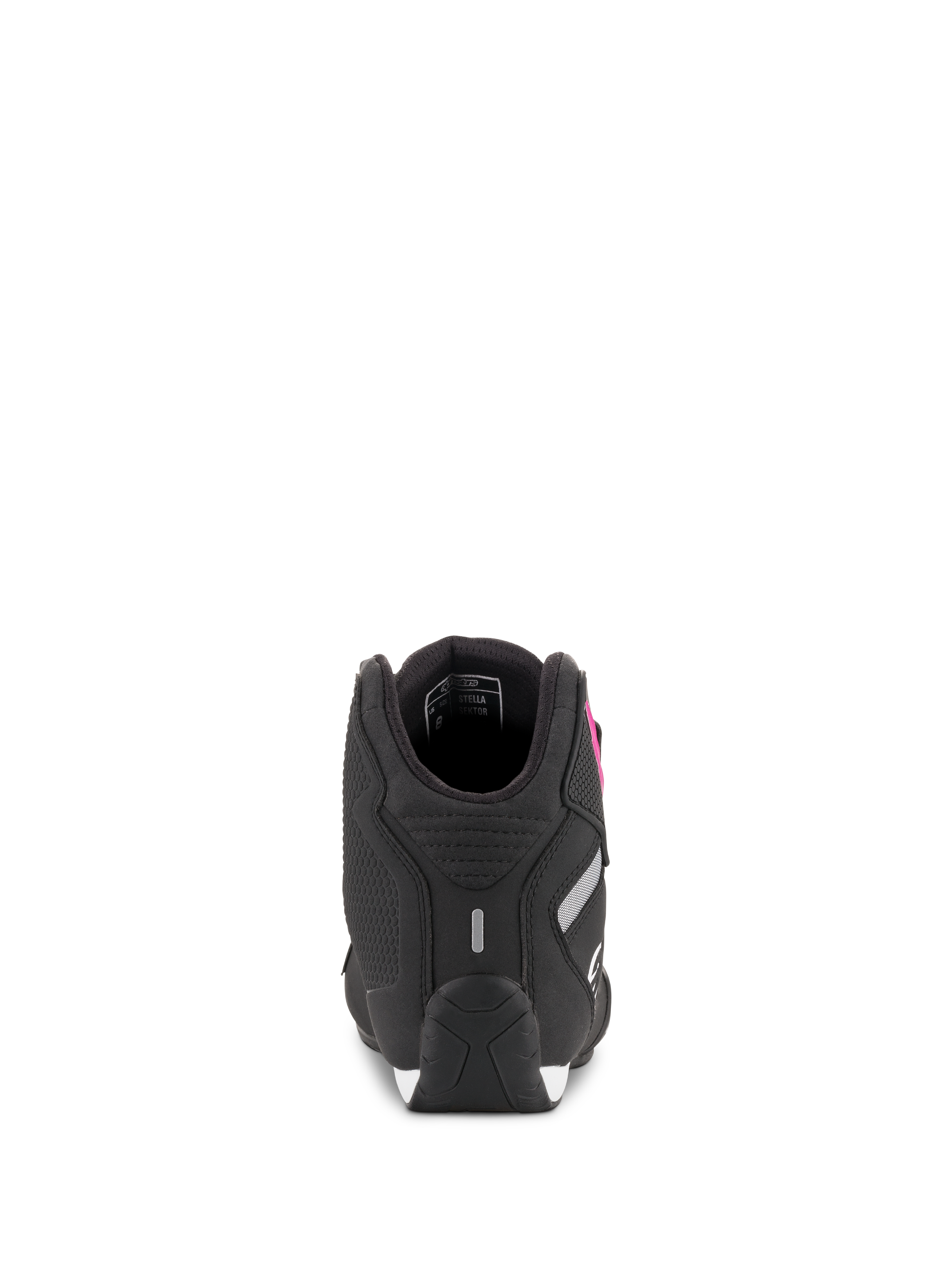 Sapatos Alpinestars Stella Sektor para Mulher, pretos e fúcsia, vista traseira mostrando a construção do calcanhar e detalhe refletor, calçado de motociclismo em microfibra leve.