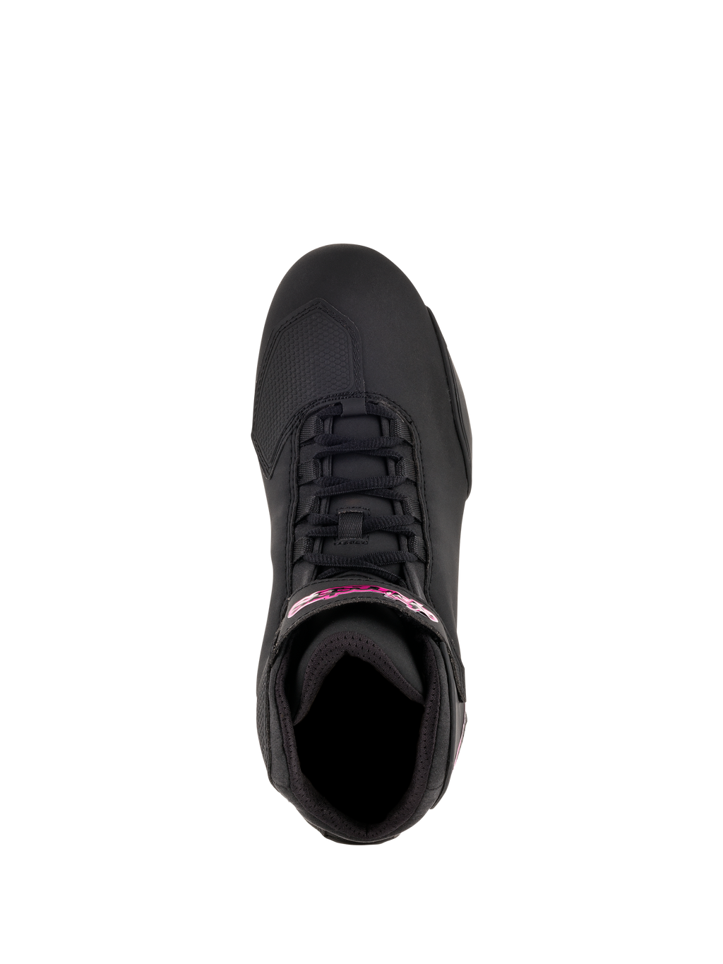 Alpinestars Stella Sektor Femininos, sapatos de motociclismo, preto e fúcsia, vista superior mostrando o sistema de laço rápido e marca em fúcsia na tira do tornozelo, construção em microfibra leve com perfil desportivo elegante