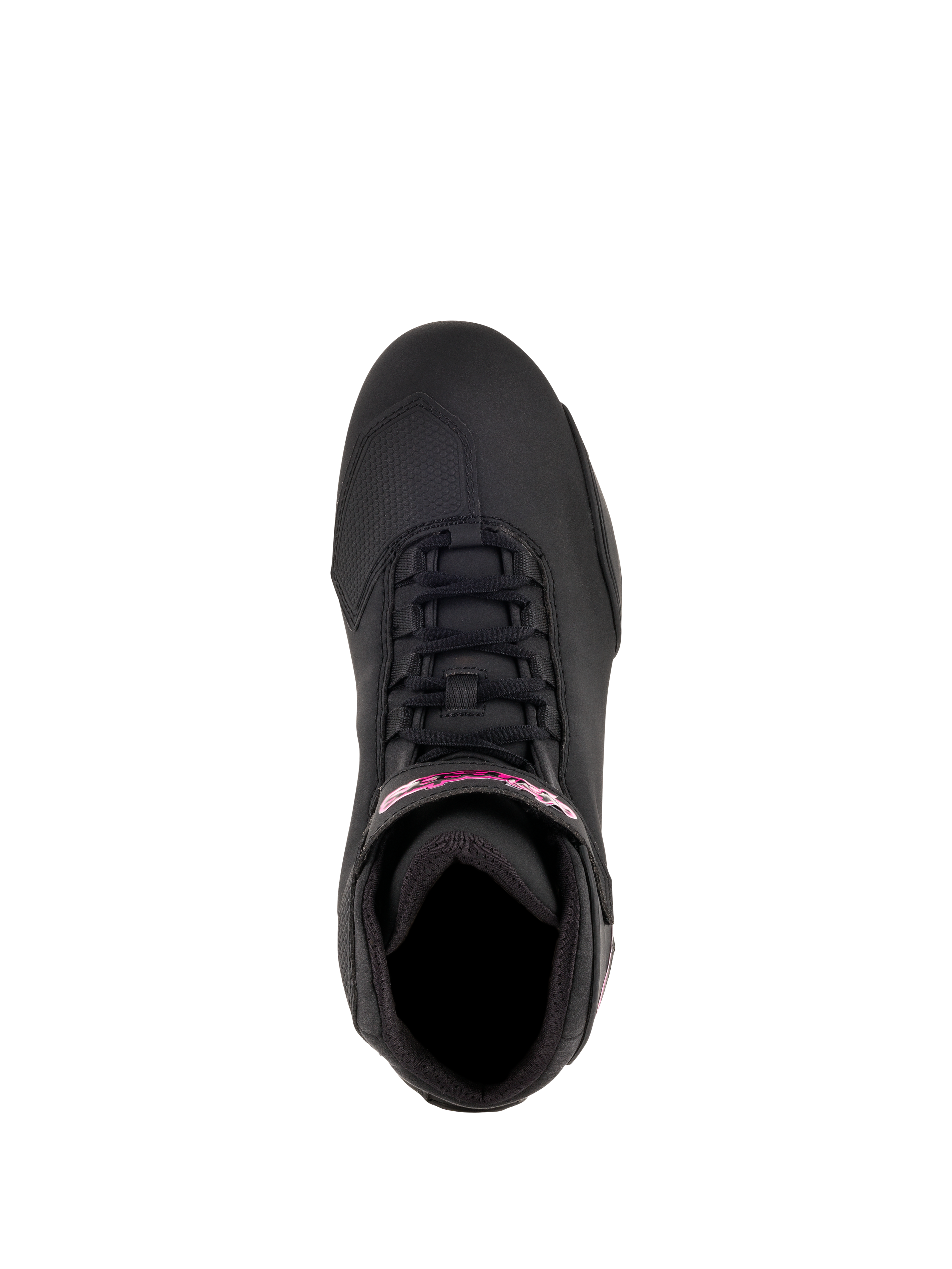 Alpinestars Stella Sektor Femininos, sapatos de motociclismo, preto e fúcsia, vista superior mostrando o sistema de laço rápido e marca em fúcsia na tira do tornozelo, construção em microfibra leve com perfil desportivo elegante