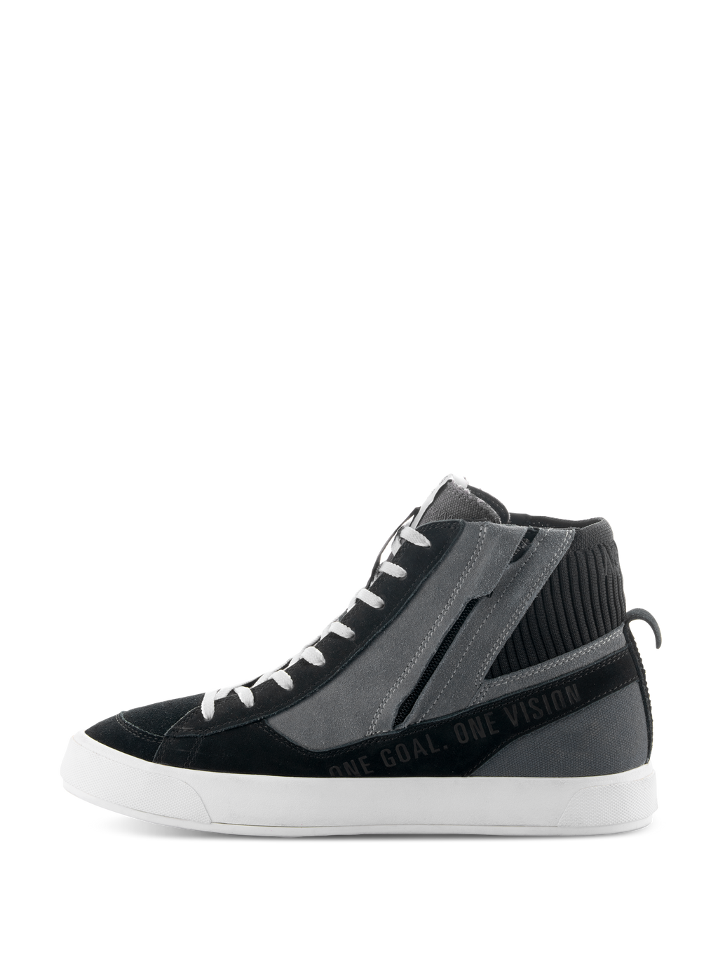 Sapatos Alpinestars Stated, sapatos de motociclismo urbanos em preto, cinzento e branco, perfil lateral com design de sapatilha de cano alto, fecho de correr lateral, sola vulcanizada branca e o texto "ONE GOAL. ONE VISION"