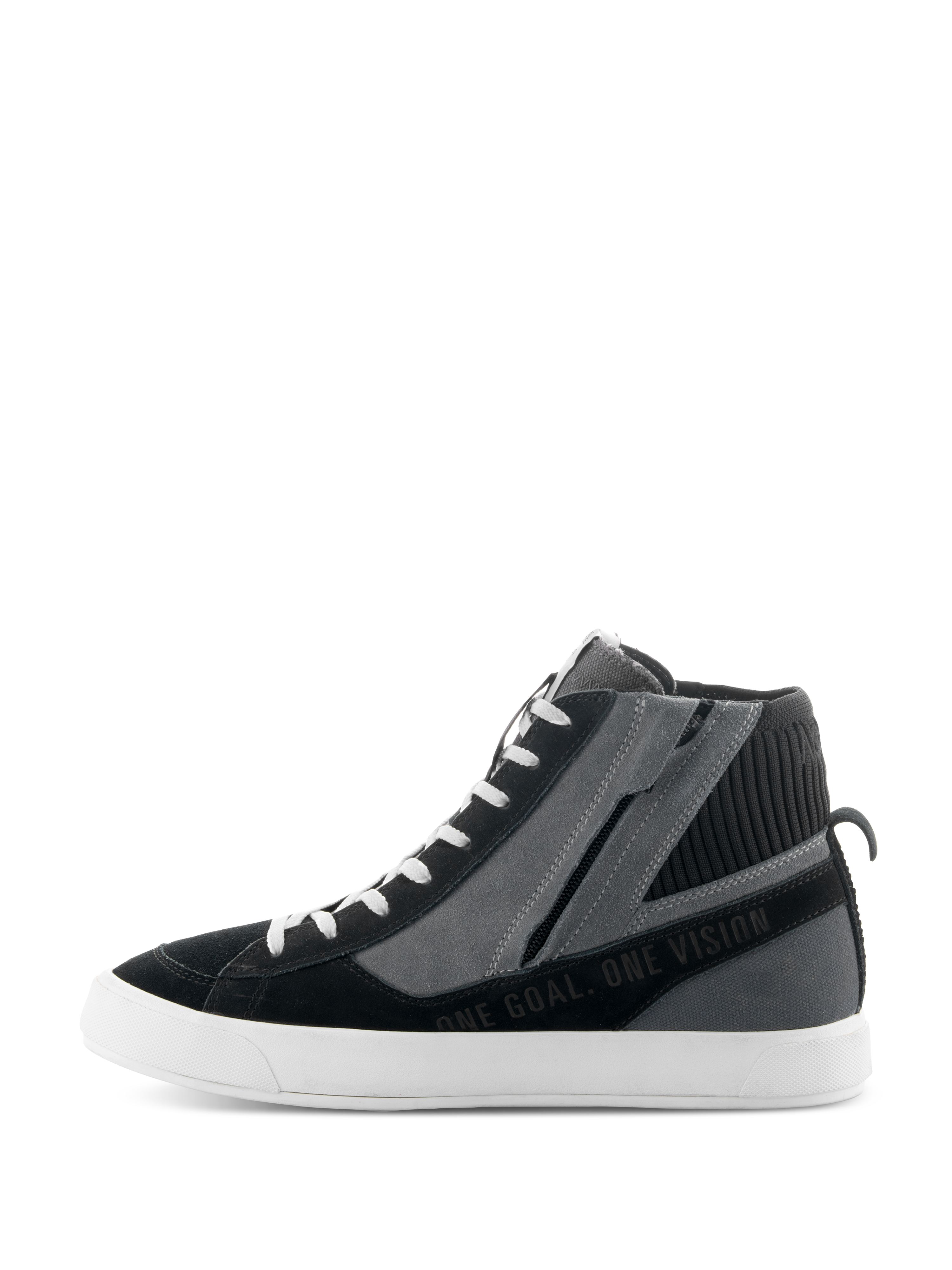 Sapatos Alpinestars Stated, sapatos de motociclismo urbanos em preto, cinzento e branco, perfil lateral com design de sapatilha de cano alto, fecho de correr lateral, sola vulcanizada branca e o texto "ONE GOAL. ONE VISION"