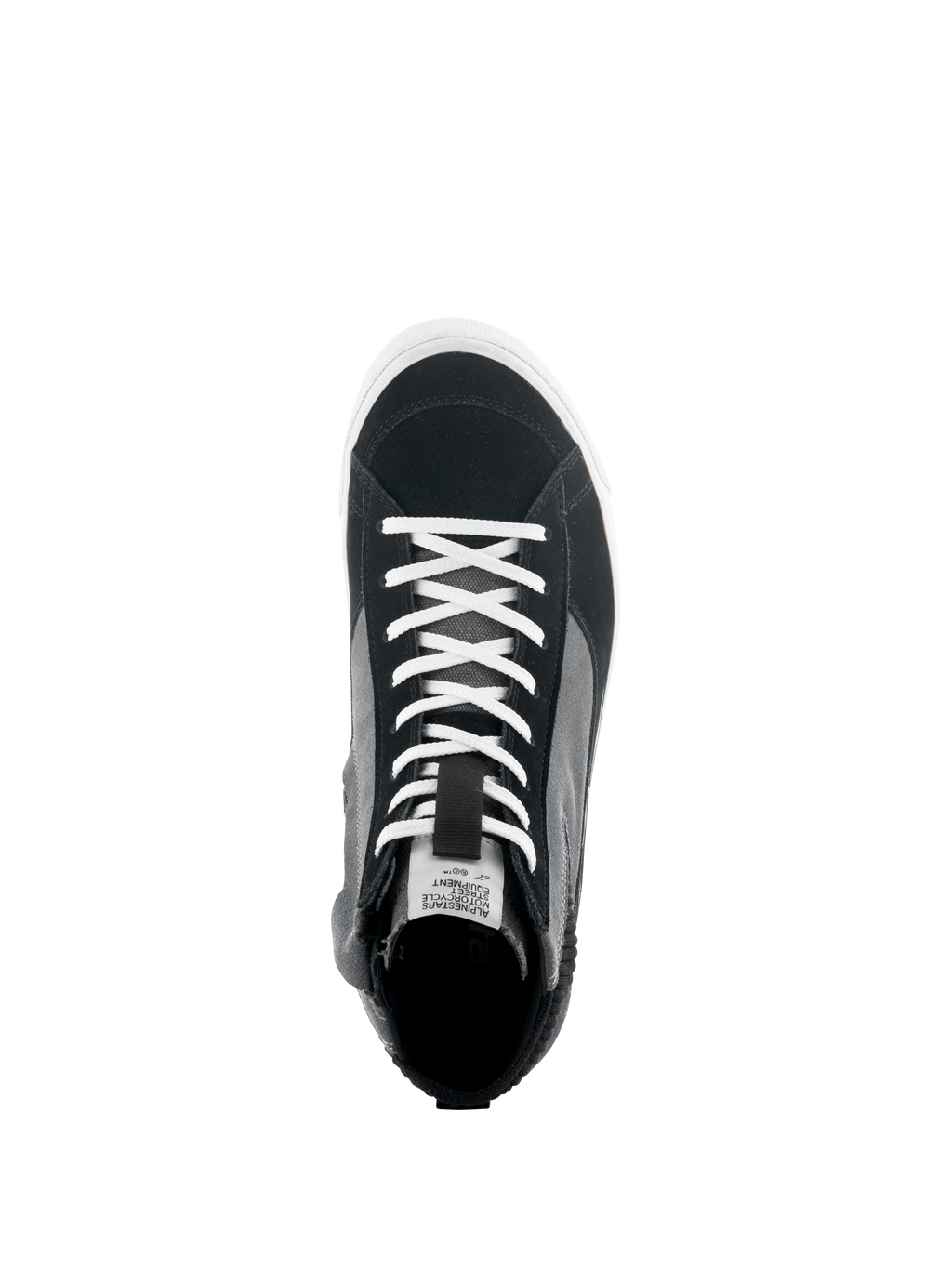 Sapatos Alpinestars Stated, vista superior de ténis de motociclismo em preto, cinzento e branco, com atacadores brancos, parte superior em camurça dividida e lona, sola vulcanizada branca, calçado de condução urbana