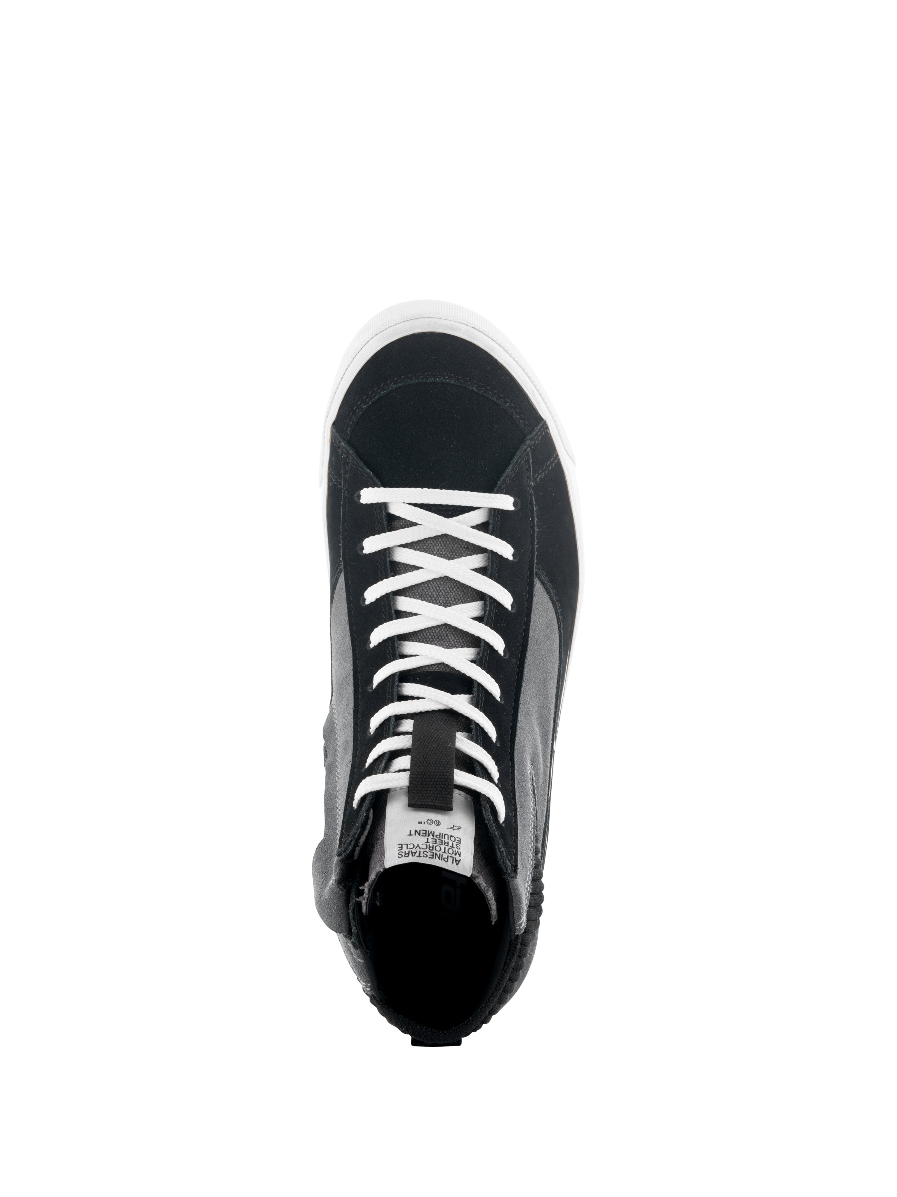 Sapatos Alpinestars Stated, vista superior de ténis de motociclismo em preto, cinzento e branco, com atacadores brancos, parte superior em camurça dividida e lona, sola vulcanizada branca, calçado de condução urbana