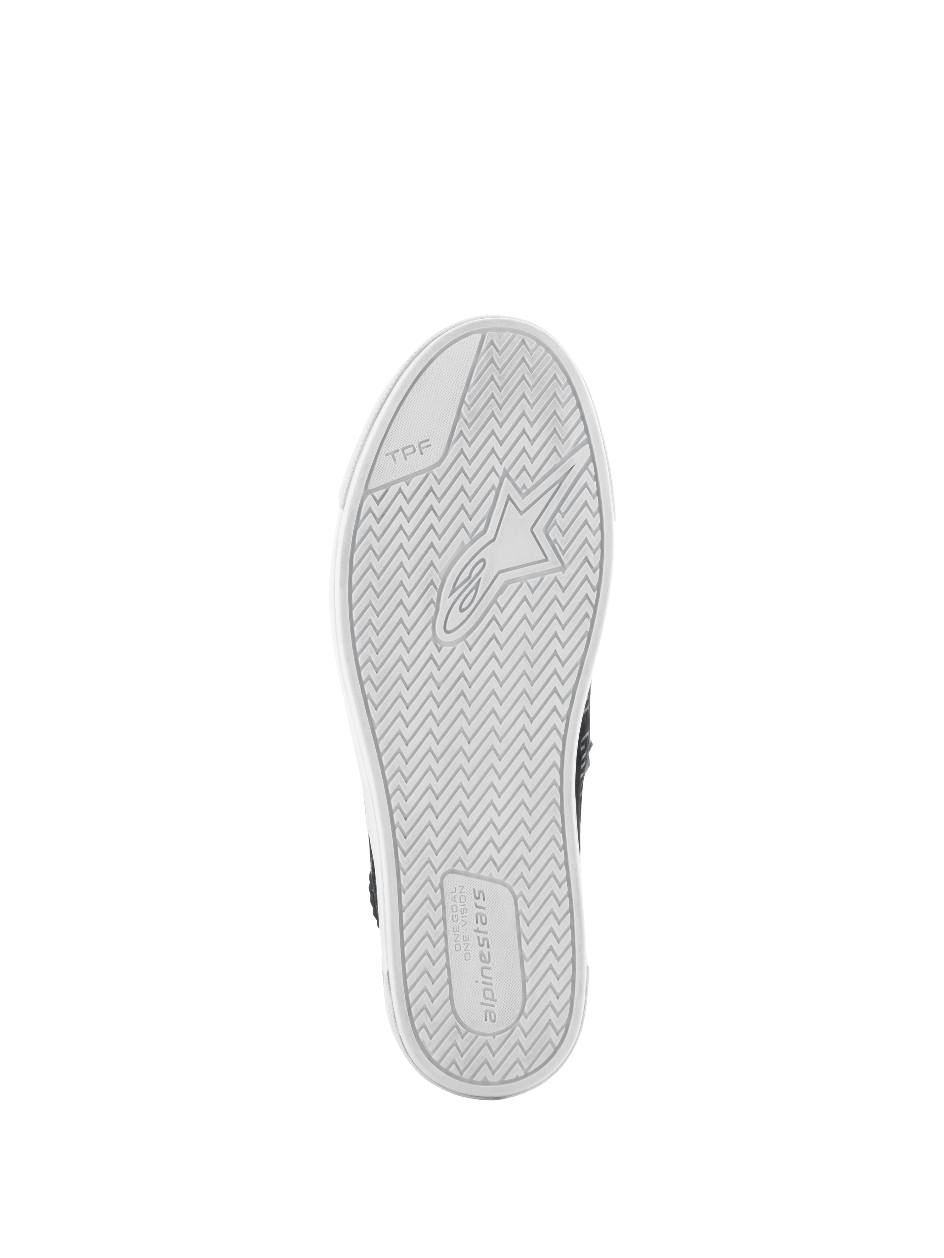 Sapatos Alpinestars Stated, vista inferior, sola exterior de borracha vulcanizada branca, padrão de rasto em espinha com logótipo Alpinestars e marca TPF, calçado urbano para motociclismo