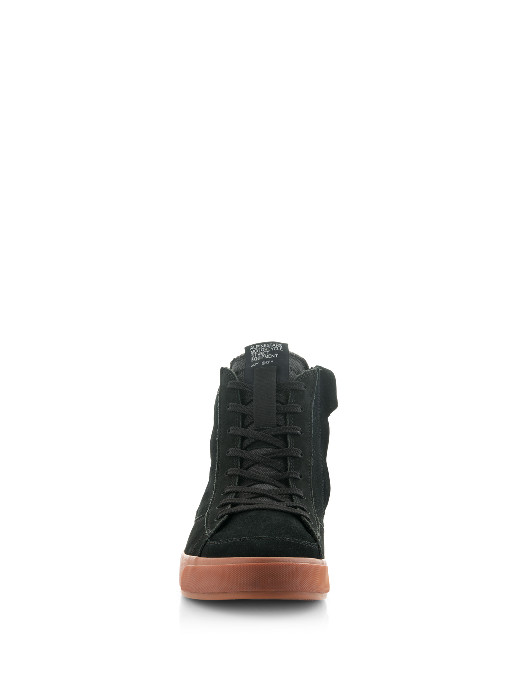 Sapatos Alpinestars Stated, sapatos de motociclismo urbanos, Black Gum, vista frontal com parte superior em nubuck e camurça pretas, atacadores clássicos e sola de borracha texturizada, calçado de proteção inspirado no estilo skate