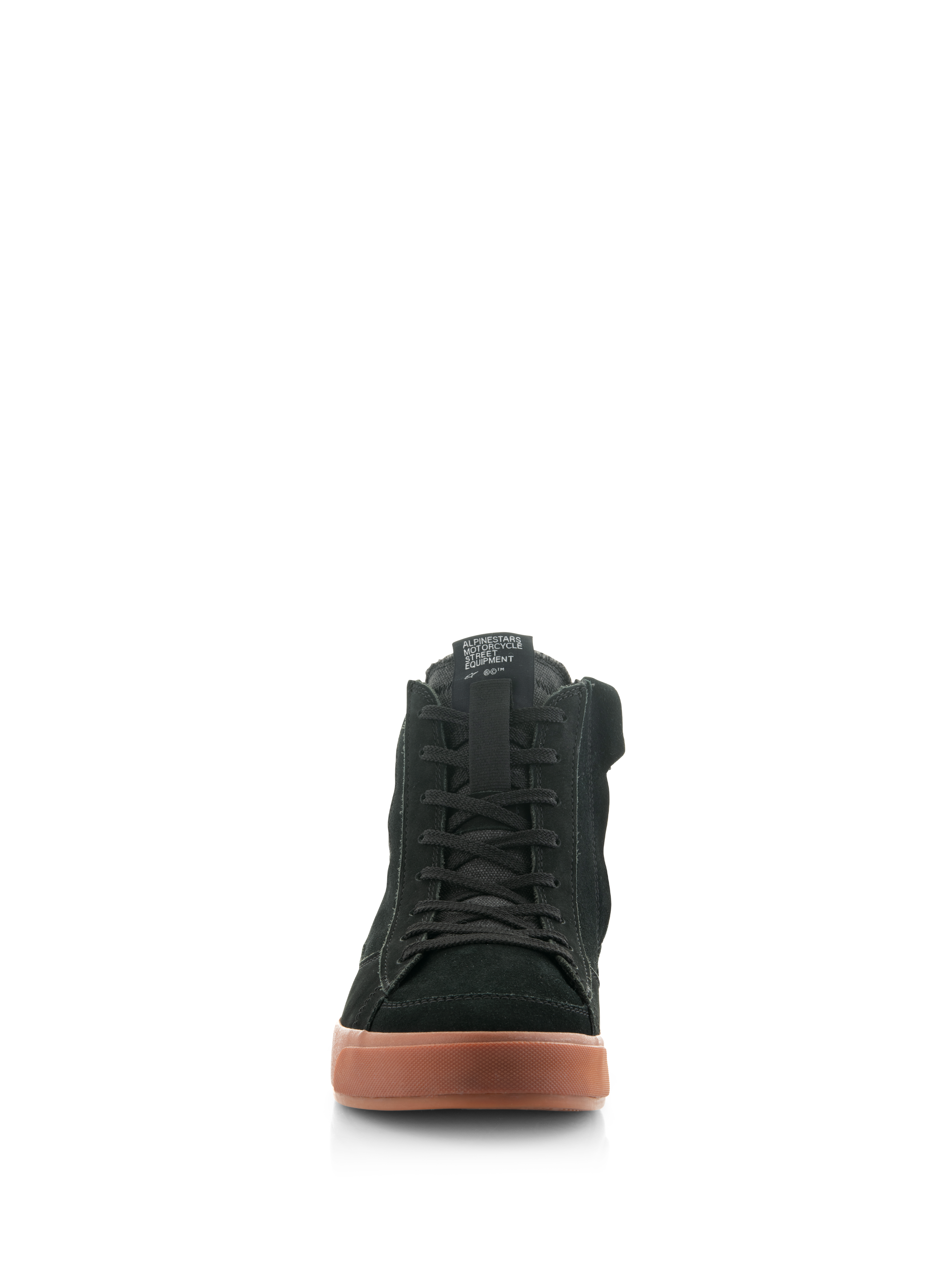 Sapatos Alpinestars Stated, sapatos de motociclismo urbanos, Black Gum, vista frontal com parte superior em nubuck e camurça pretas, atacadores clássicos e sola de borracha texturizada, calçado de proteção inspirado no estilo skate