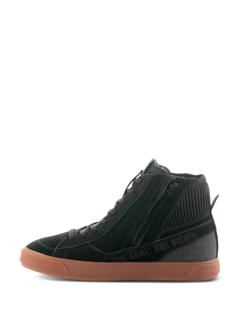 Sapatos Alpinestars Stated, sapatos de motociclismo urbanos, Pretos e Gum, vista lateral com fecho de correr lateral, sola de borracha vulcanizada e texto 'ONE GOAL. ONE VISION.' na parte superior em camurça e lona