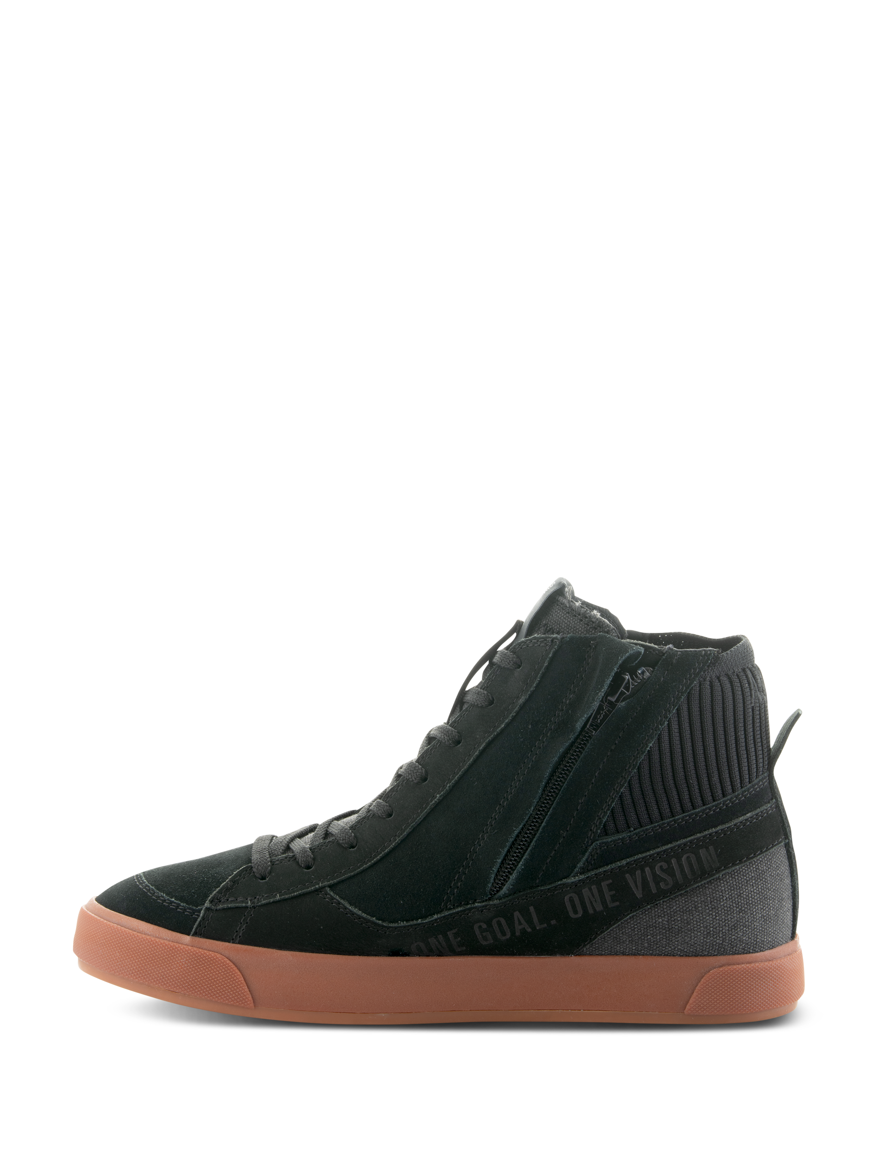 Sapatos Alpinestars Stated, sapatos de motociclismo urbanos, Pretos e Gum, vista lateral com fecho de correr lateral, sola de borracha vulcanizada e texto 'ONE GOAL. ONE VISION.' na parte superior em camurça e lona