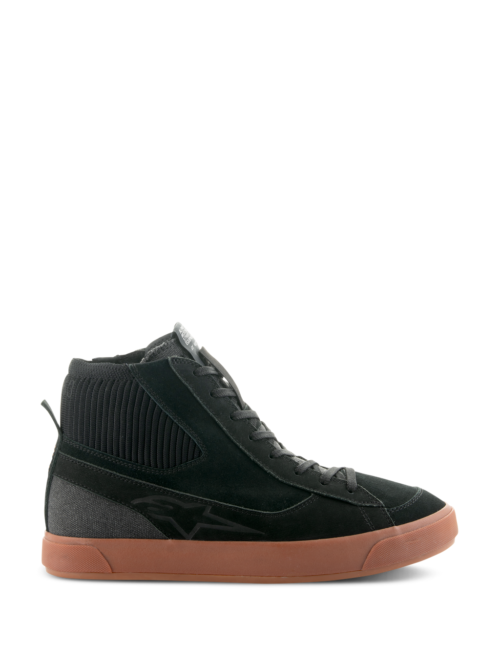 Alpinestars Stated Shoes, sapatilhas de motociclismo de cano alto pretas com sola de borracha castanha, parte superior em camurça e lona, colarinho em malha canelada e design streetwear de inspiração retro skate