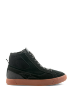 Alpinestars Stated Shoes, sapatilhas de motociclismo de cano alto pretas com sola de borracha castanha, parte superior em camurça e lona, colarinho em malha canelada e design streetwear de inspiração retro skate
