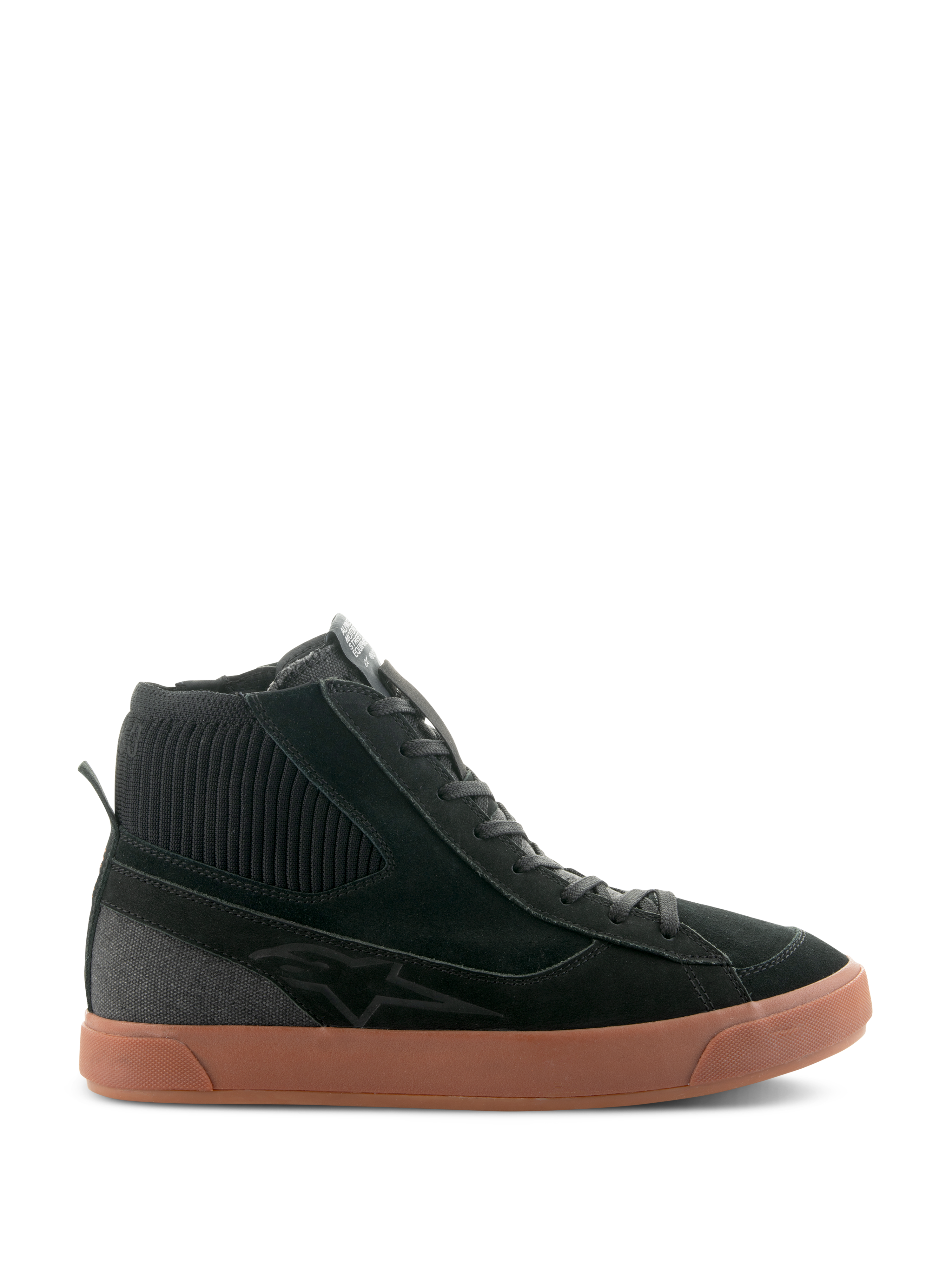 Alpinestars Stated Shoes, sapatilhas de motociclismo de cano alto pretas com sola de borracha castanha, parte superior em camurça e lona, colarinho em malha canelada e design streetwear de inspiração retro skate