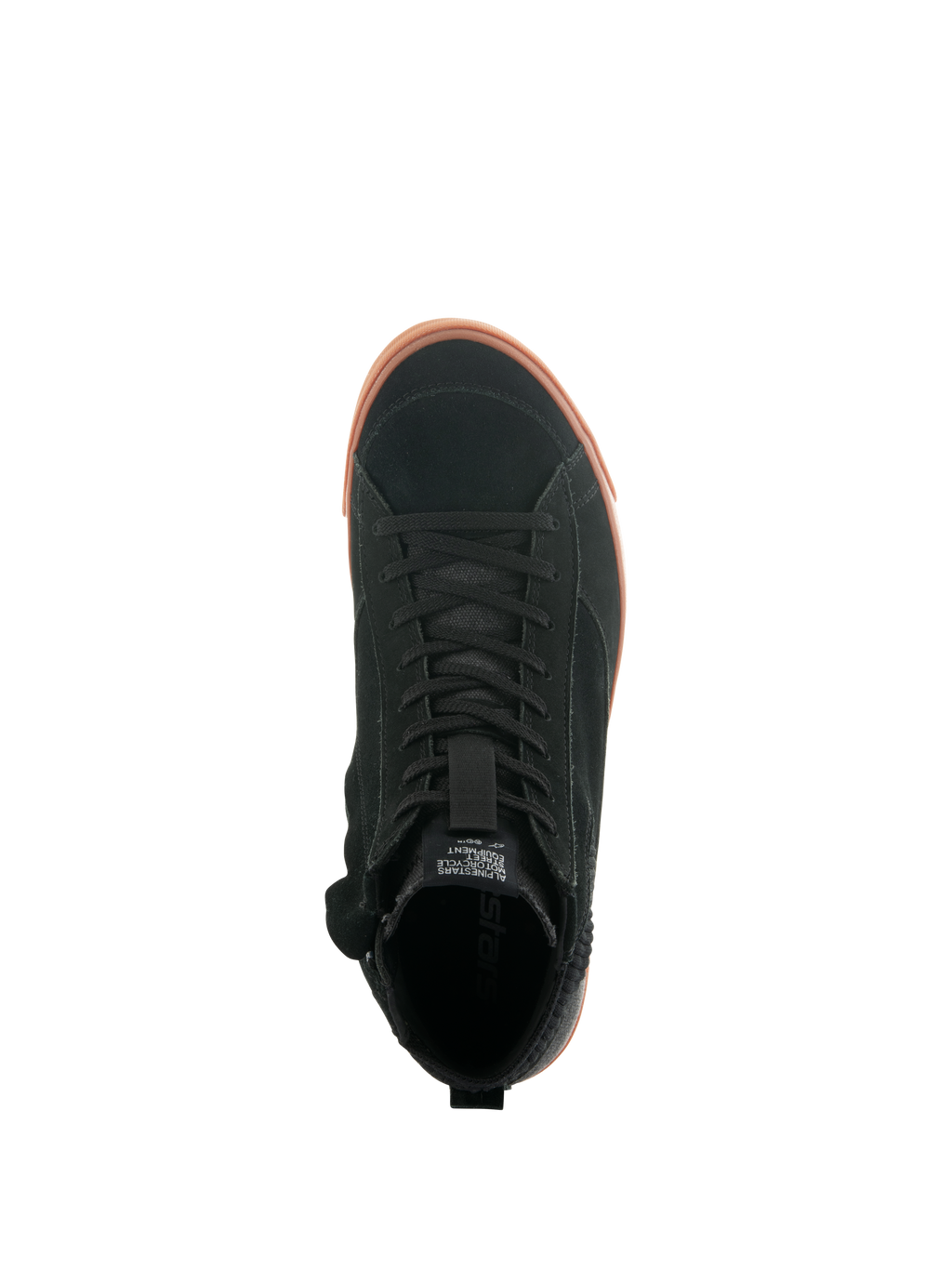 Alpinestars Stated Shoes, vista superior de sapatos de motociclismo urbanos, parte superior em camurça preta com sola vulcanizada cor de mel, design minimalista inspirado no skate, atacadores clássicos e estilo de sapatilha de rua