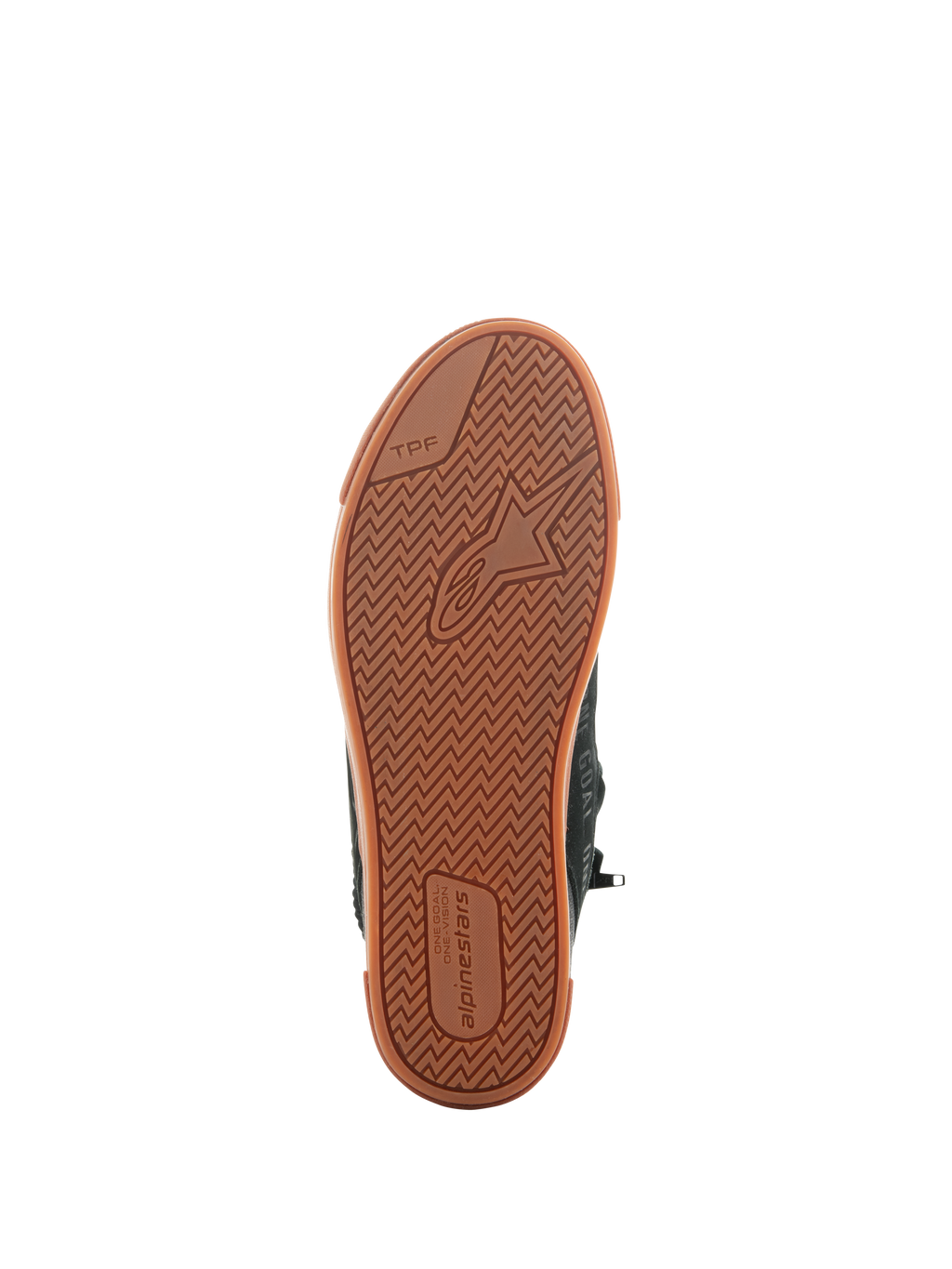 Sapatos Alpinestars Stated, Black Gum, vista inferior da sola de borracha vulcanizada com padrão de tração em espinha, logótipo da Alpinestars e marca TPF (Transversal Protection Frame), calçado de motociclismo urbano