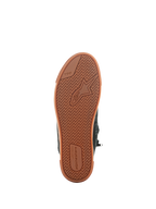 Sapatos Alpinestars Stated, Black Gum, vista inferior da sola de borracha vulcanizada com padrão de tração em espinha, logótipo da Alpinestars e marca TPF (Transversal Protection Frame), calçado de motociclismo urbano