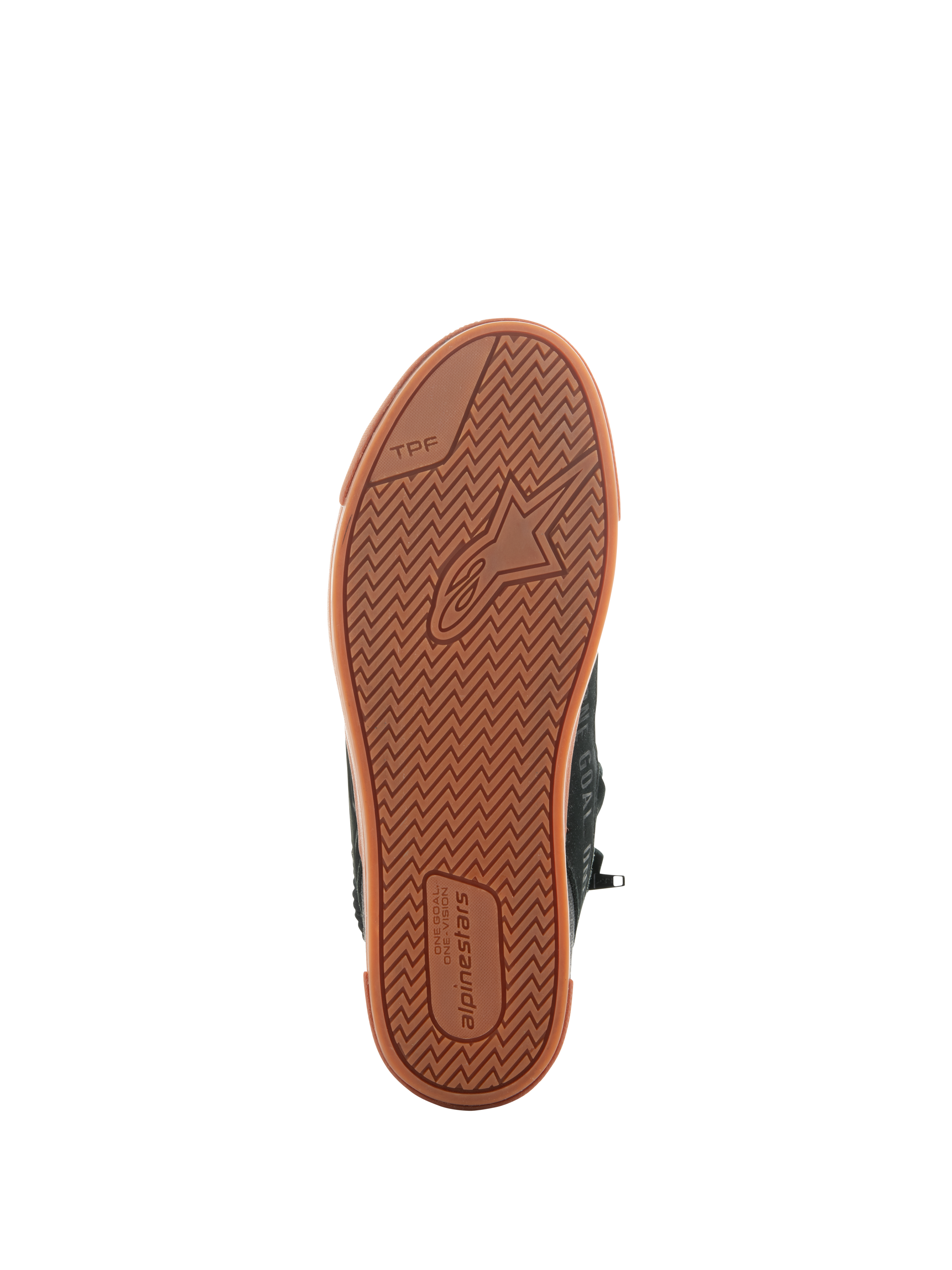 Sapatos Alpinestars Stated, Black Gum, vista inferior da sola de borracha vulcanizada com padrão de tração em espinha, logótipo da Alpinestars e marca TPF (Transversal Protection Frame), calçado de motociclismo urbano