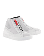 Alpinestars Stated Shoes, sapatos de motociclismo, Branco e Cinzento, sapatilhas de cano alto estilo retro com solas de borracha vulcanizada, detalhes de presilhas de atacadores em vermelho e construção durável em nubuck e lona