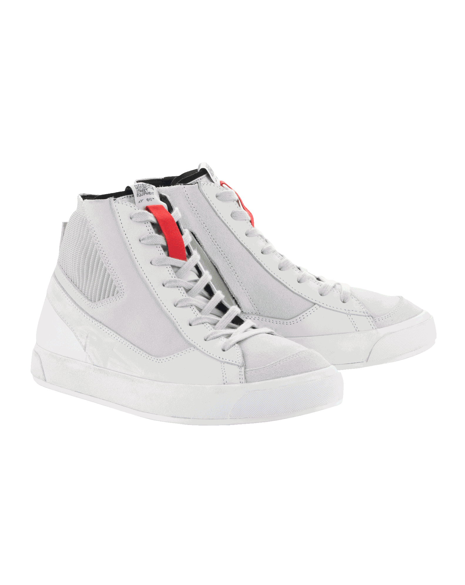 Alpinestars Stated Shoes, sapatos de motociclismo, Branco e Cinzento, sapatilhas de cano alto estilo retro com solas de borracha vulcanizada, detalhes de presilhas de atacadores em vermelho e construção durável em nubuck e lona