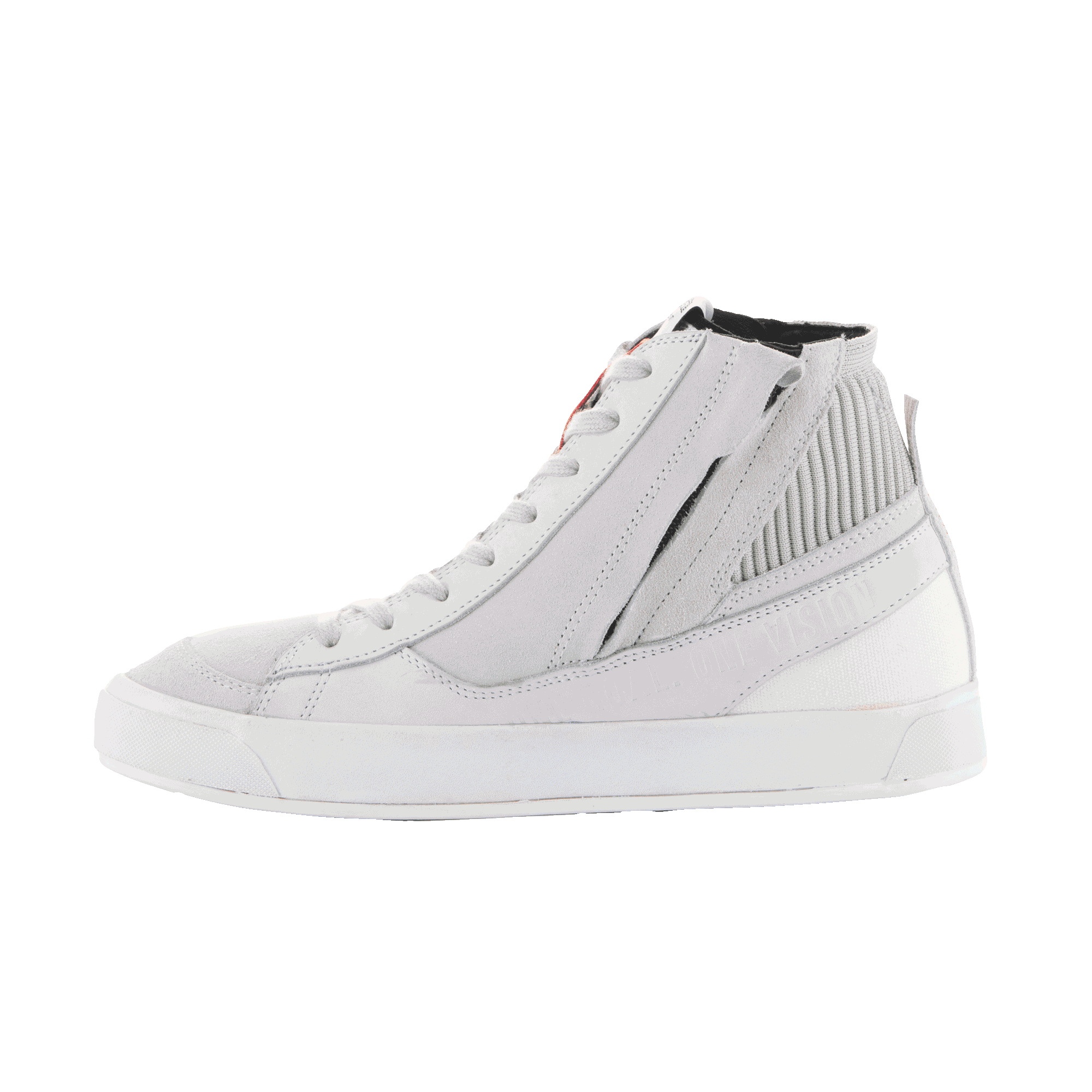 Alpinestars Stated Shoes, sapatos de motociclismo urbanos, branco e cinza, estilo sapatilha de cano alto, construção em nubuck e camurça, fecho de correr lateral, sola vulcanizada branca, colarinho do tornozelo canelado