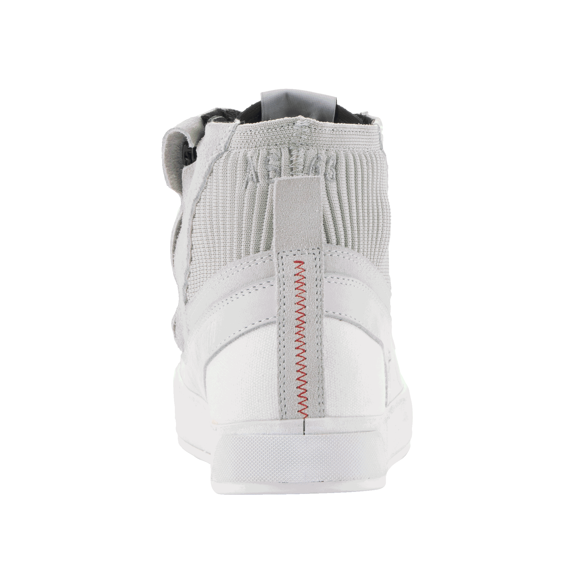 Alpinestars Stated Shoes, sapatos de motociclismo, Branco Cool Gray, vista traseira com costura vermelha em zig-zag no calcanhar, colarinho do tornozelo em malha tricotada e sola vulcanizada branca, design de sapatilha urbana