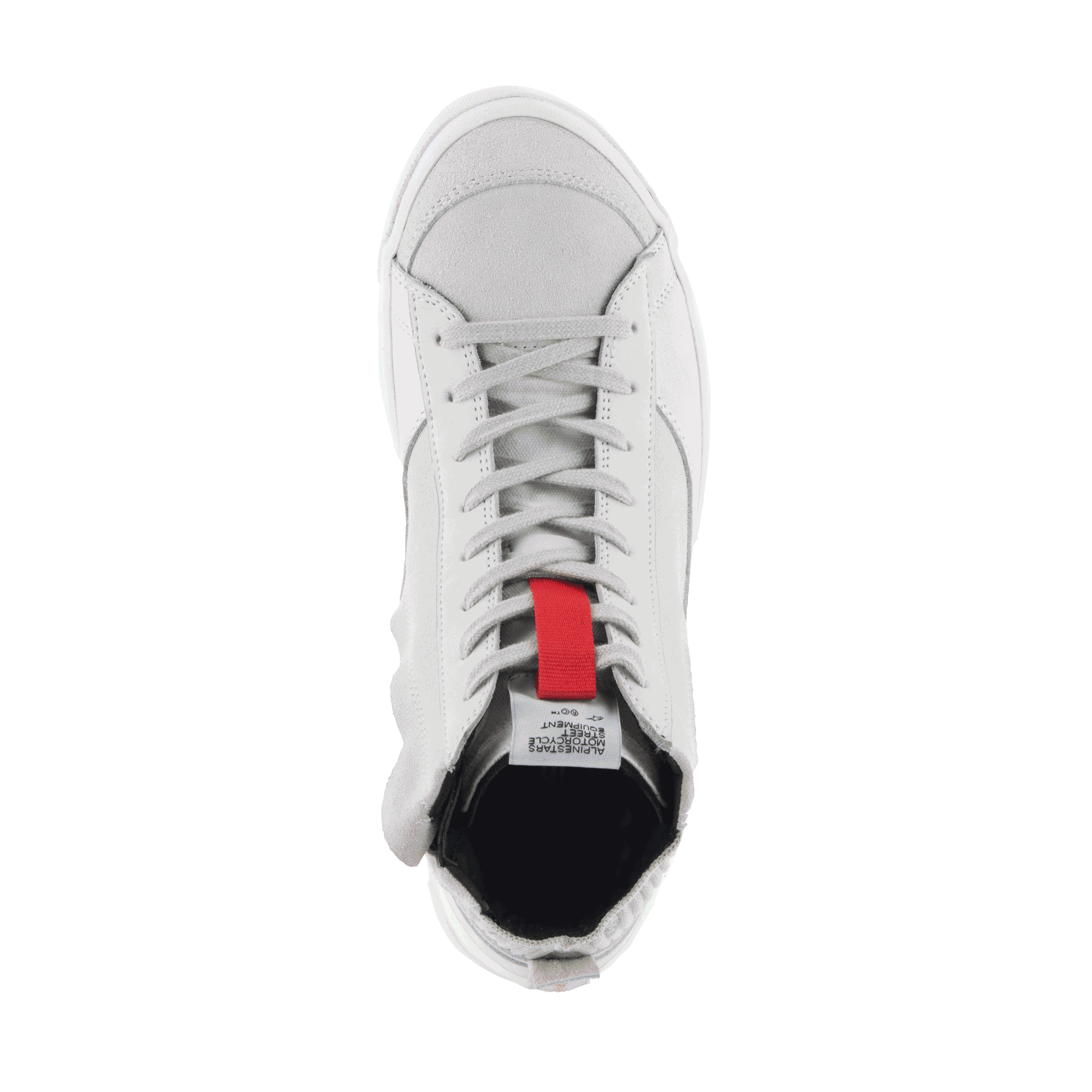 Alpinestars Stated Shoes, sapatos de condução urbana, branco e cinza cool, vista superior mostrando a biqueira em camurça e o fecho clássico de atacadores, com um detalhe vermelho na língua, design de sapatilha de motociclismo retro inspirado no skate