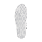 Sapatos Alpinestars Stated, sapatos de motociclismo urbanos, Branco Cool Gray, vista inferior da sola de borracha vulcanizada, com um padrão de tração em espinha, marca Alpinestars e logótipo TPF (Transversal Protection Frame) para aderência e segurança