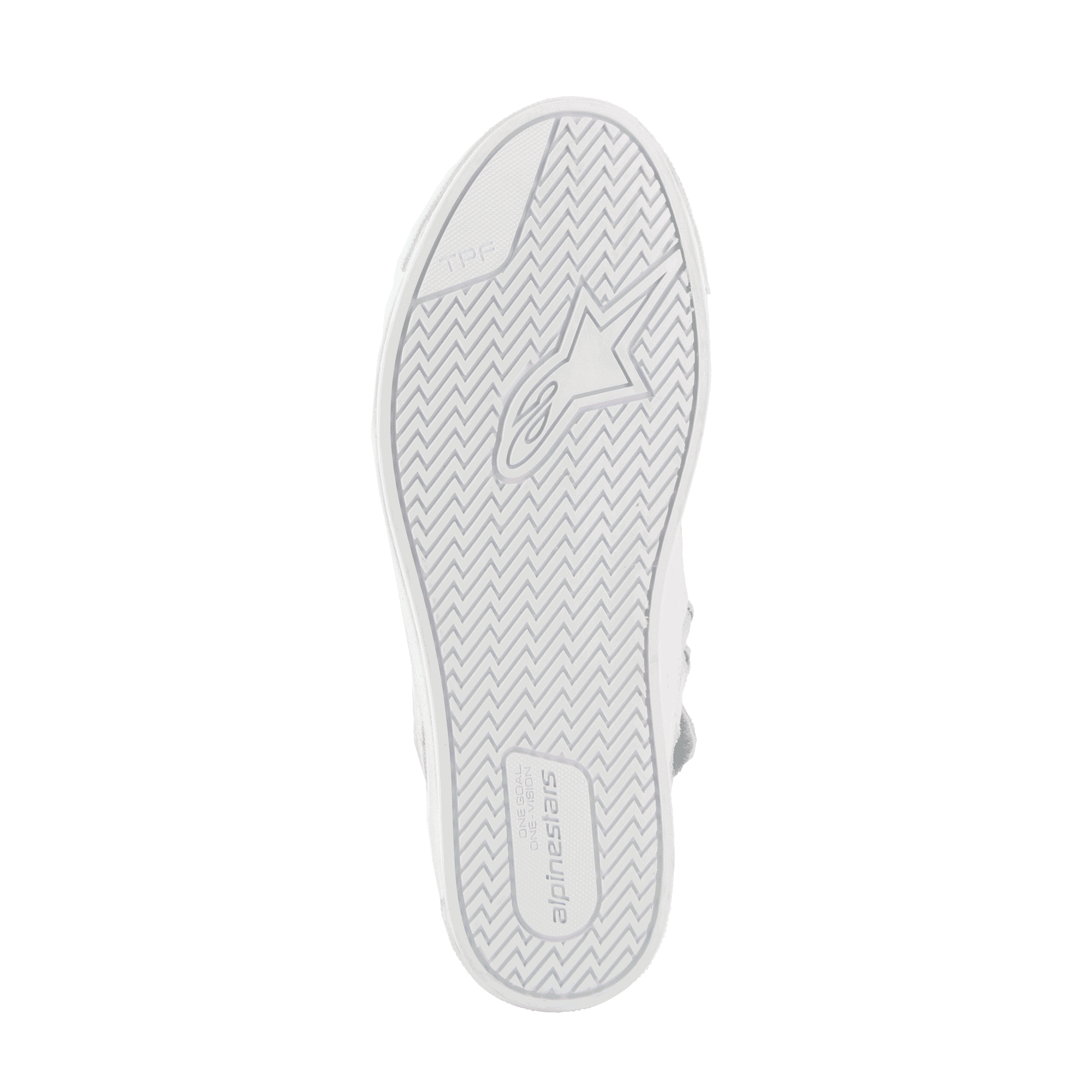 Sapatos Alpinestars Stated, sapatos de motociclismo urbanos, Branco Cool Gray, vista inferior da sola de borracha vulcanizada, com um padrão de tração em espinha, marca Alpinestars e logótipo TPF (Transversal Protection Frame) para aderência e segurança