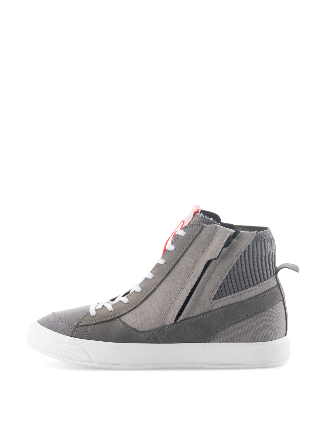 Alpinestars Stated Shoes, sapatos de motociclismo urbano em Cinzento Claro Vermelho Fluo Branco, design de sapatilha retro de cano alto com parte superior em camurça cinzenta e lona, fecho lateral e sola vulcanizada branca