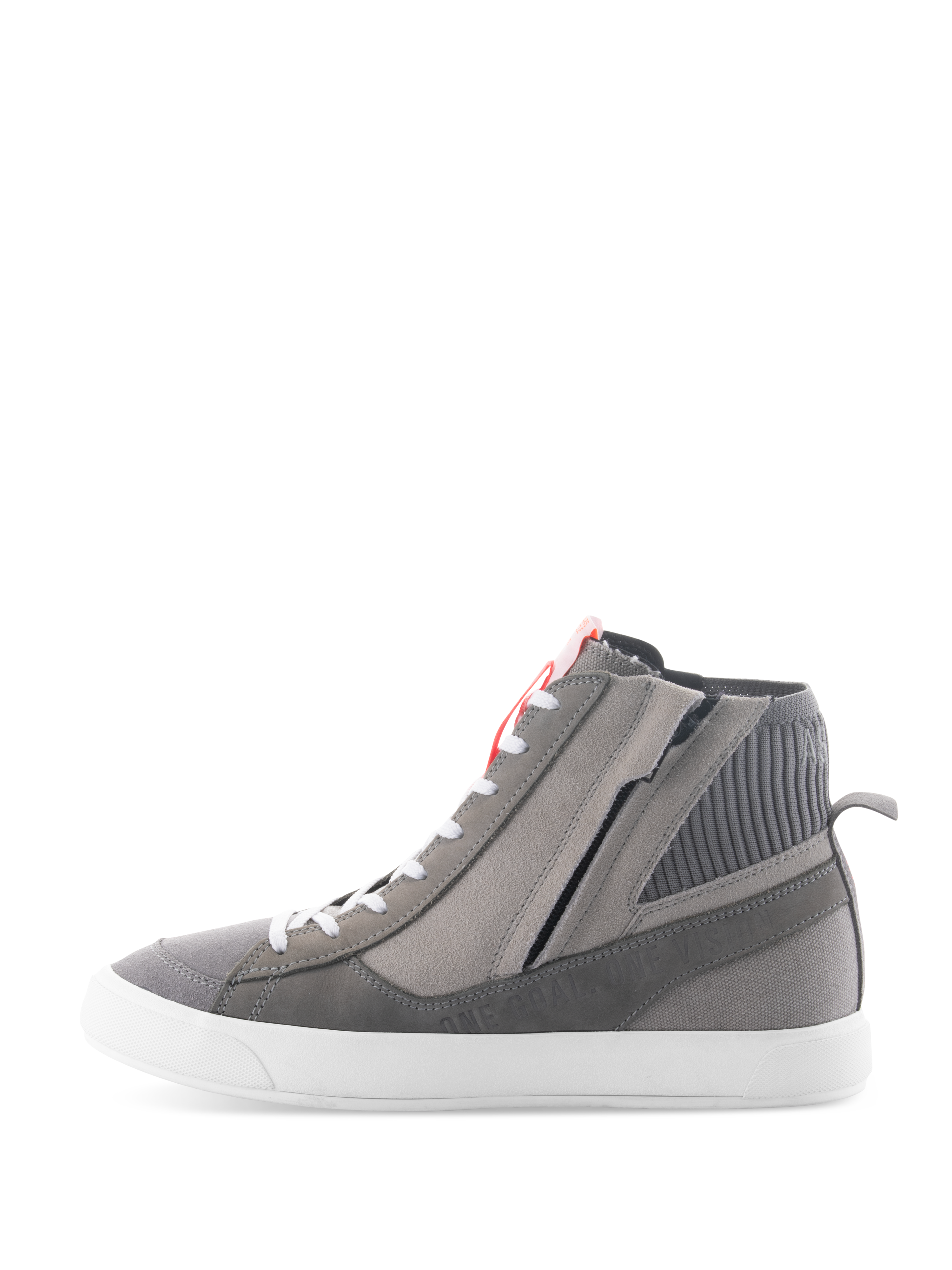 Alpinestars Stated Shoes, sapatos de motociclismo urbano em Cinzento Claro Vermelho Fluo Branco, design de sapatilha retro de cano alto com parte superior em camurça cinzenta e lona, fecho lateral e sola vulcanizada branca