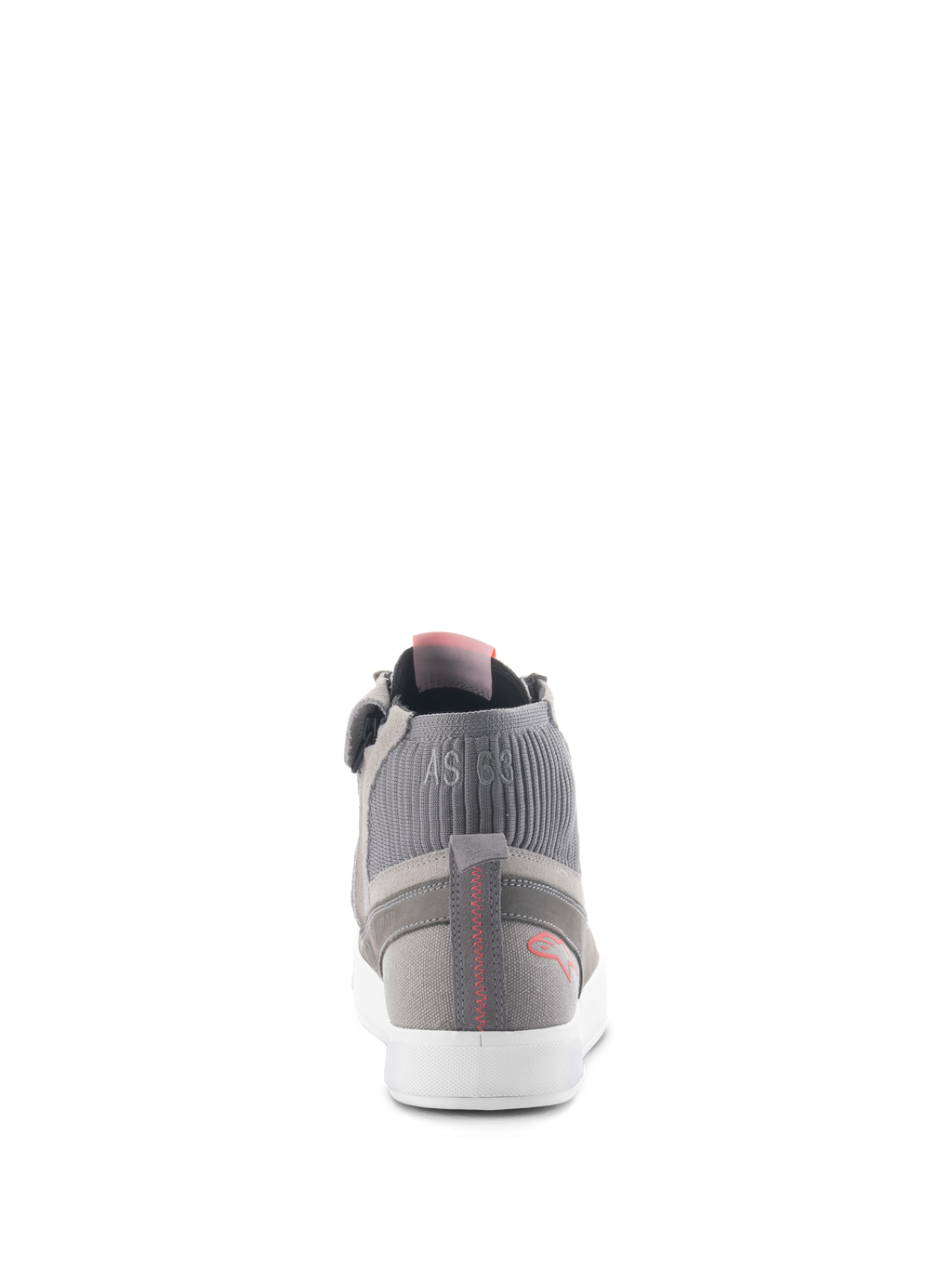 Alpinestars Stated Shoes, sapatos de condução urbana, cinzento claro, vermelho fluo e branco, vista traseira mostrando a gola do tornozelo em malha canelada com marcação 'AS 63', sola vulcanizada branca e logótipo vermelho no calcanhar com pormenor pespontado