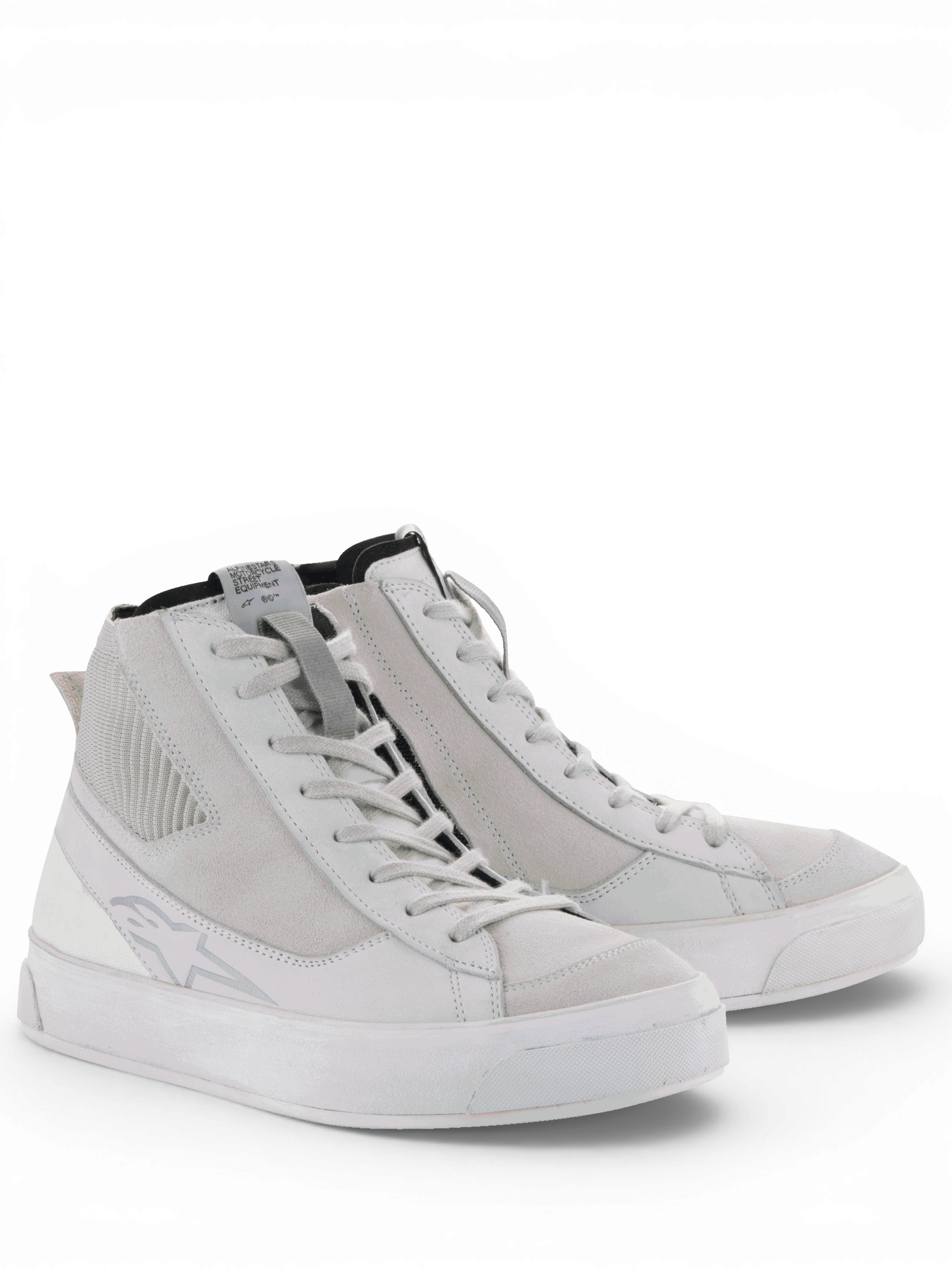 Alpinestars Stella Stated Podium, sapatos de moto para mulher, brancos e cinzentos, estilo urbano com sola vulcanizada.