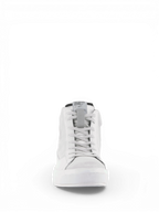 Alpinestars Stella Stated Podium, sapatos de moto urbanos para mulher, brancos e cinzentos, em couro e camurça, com sola vulcanizada e atacadores, vista frontal.