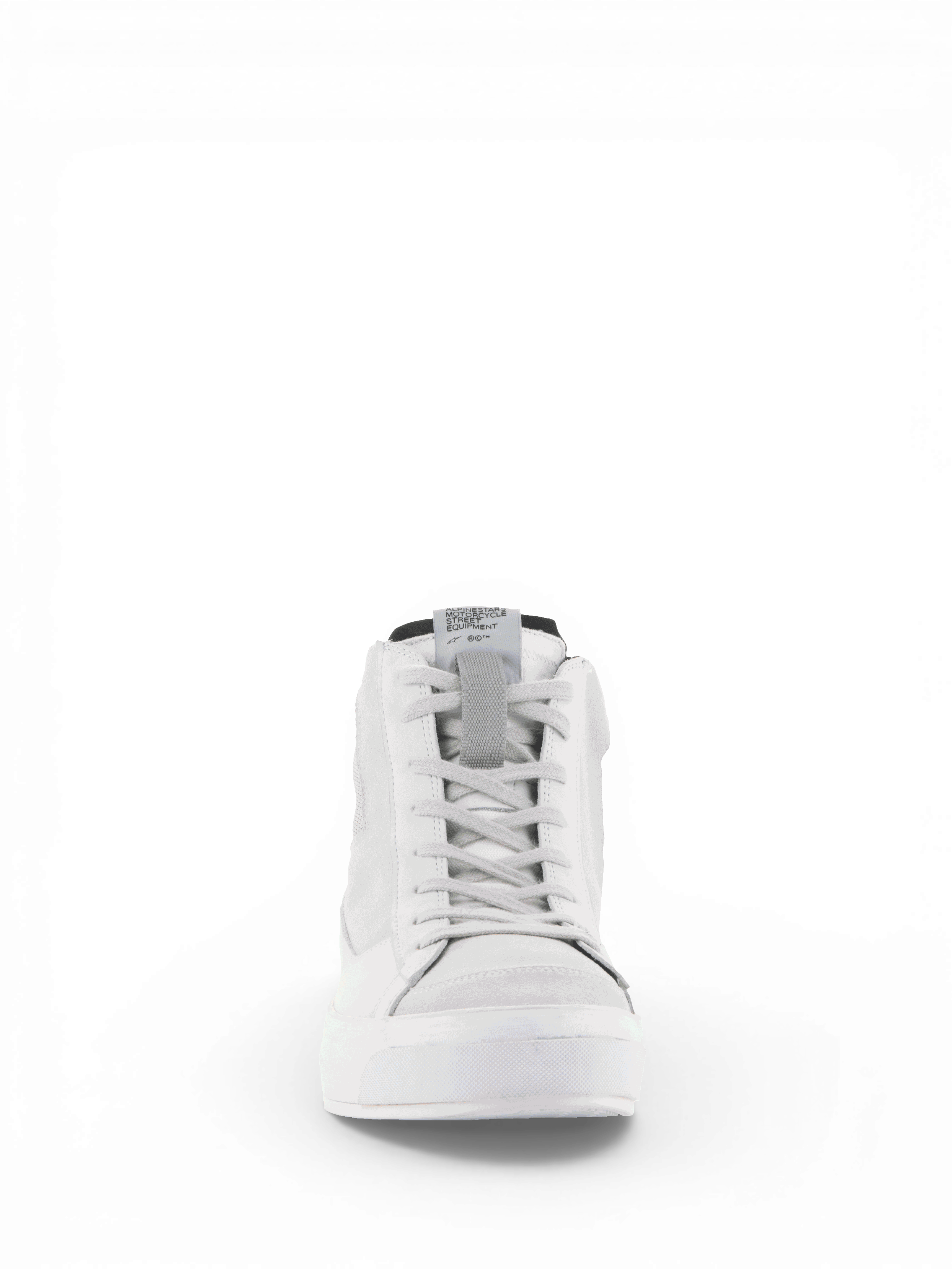 Alpinestars Stella Stated Podium, sapatos de moto urbanos para mulher, brancos e cinzentos, em couro e camurça, com sola vulcanizada e atacadores, vista frontal.