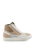Alpinestars Stella Stated Podium Shoes, Women's High-Top Riding Sneakers, White and Light Gray, beige suede and leather upper, blue Alpinestars logo, ribbed knit ankle collar, thick white vulcanized sole, retro skate style