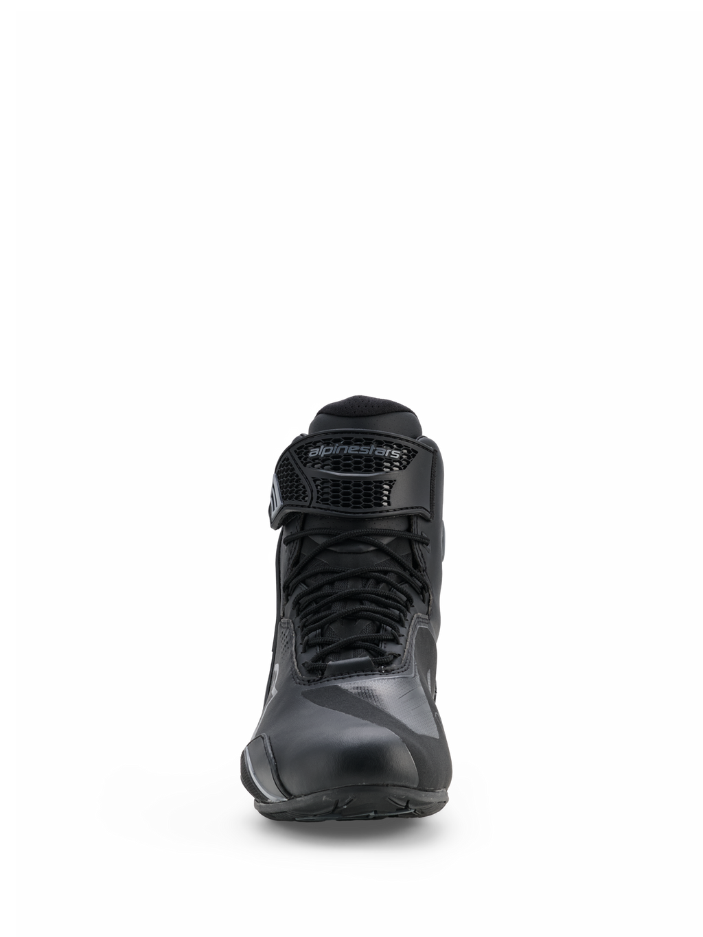 Sapatos Alpinestars Faster-4 Drystar®, sapatos de motociclismo, preto e Cool Gray, vista frontal com fecho de atacadores e correia de velcro ajustável com a marca Alpinestars, design impermeável e elegante para desportos de estrada