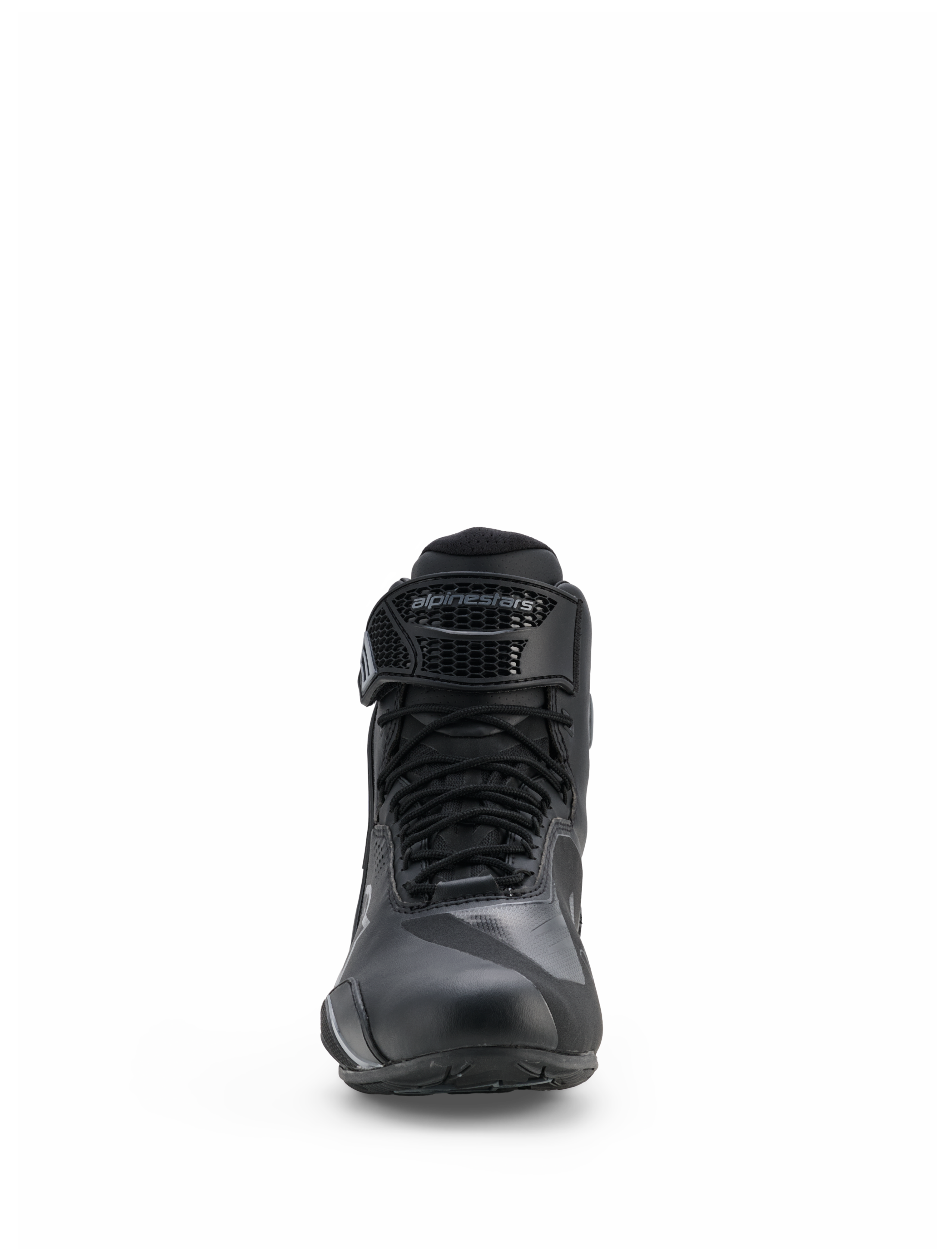 Sapatos Alpinestars Faster-4 Drystar®, sapatos de motociclismo, preto e Cool Gray, vista frontal com fecho de atacadores e correia de velcro ajustável com a marca Alpinestars, design impermeável e elegante para desportos de estrada