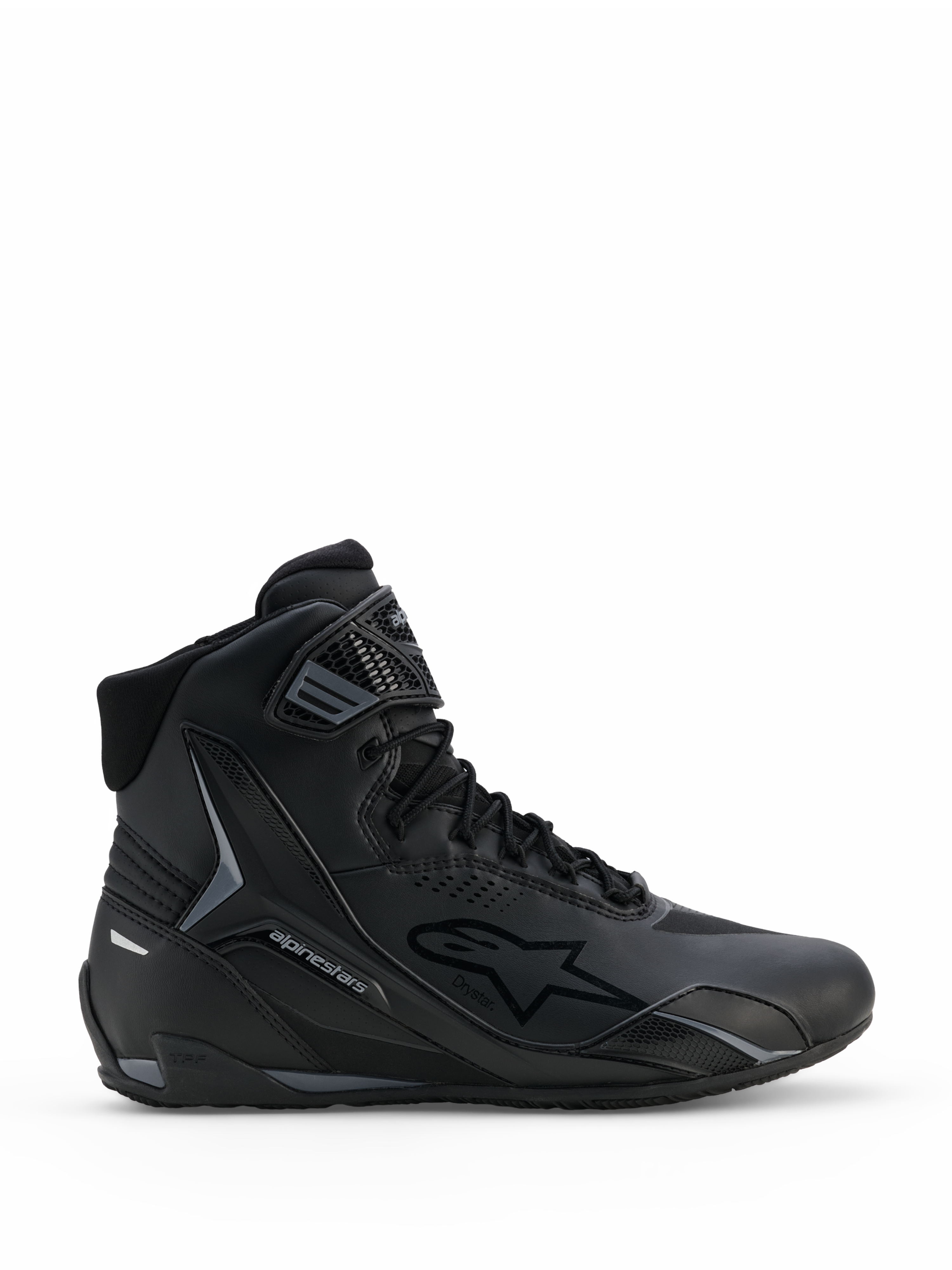 Sapatos Alpinestars Faster-4 Drystar®, sapatos de motociclismo em preto e cinzento, design de cano alto com atacadores e tira de velcro no tornozelo, com marcação Drystar impermeável e logótipo de estrela Alpinestars, perfil desportivo para estrada