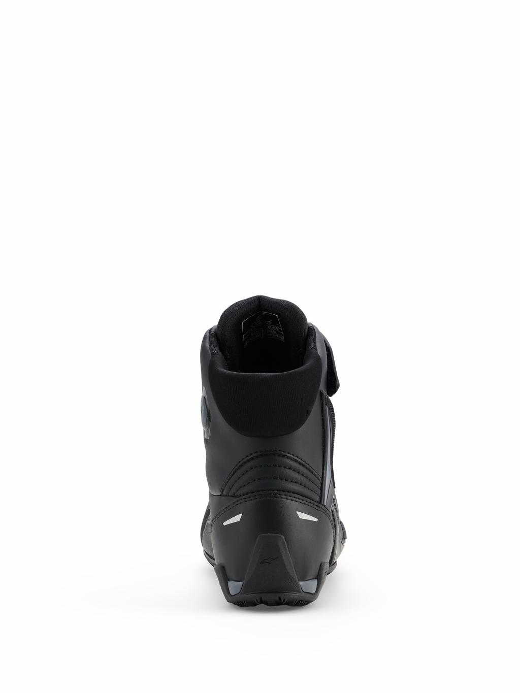 Sapatos Alpinestars Faster-4 Drystar®, sapatos de motociclismo, Black Cool Gray, vista traseira com calcanhar reforçado, colarinho acolchoado e detalhes refletores, construção em microfibra impermeável para condução desportiva