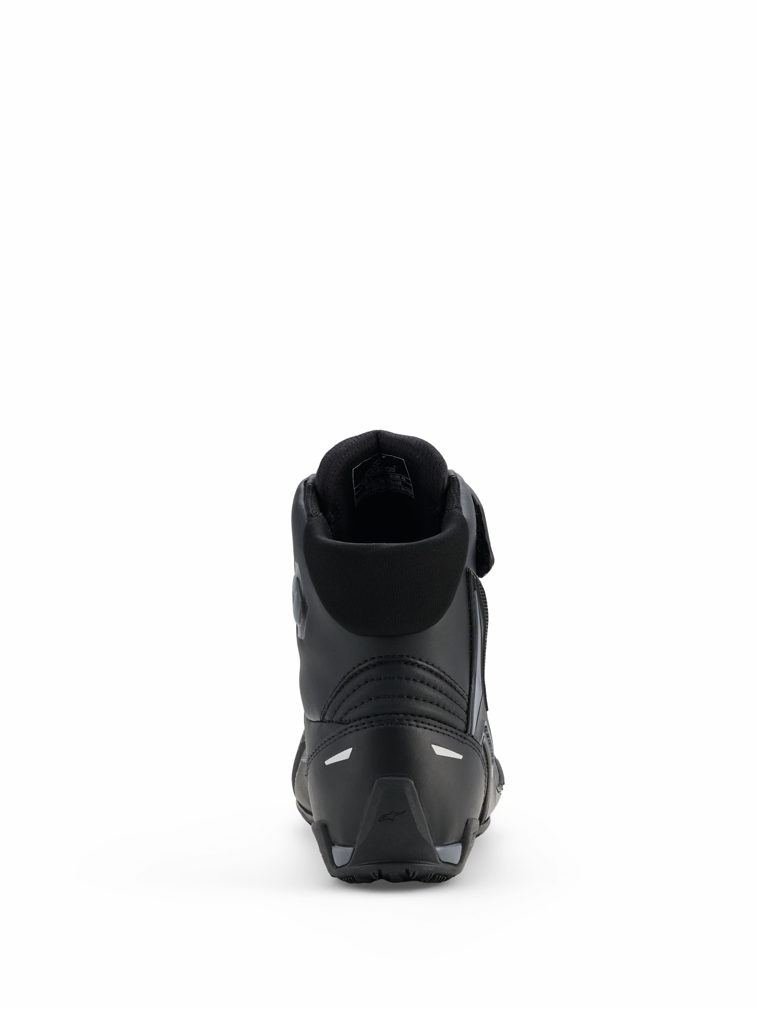 Sapatos Alpinestars Faster-4 Drystar®, sapatos de motociclismo, Black Cool Gray, vista traseira com calcanhar reforçado, colarinho acolchoado e detalhes refletores, construção em microfibra impermeável para condução desportiva