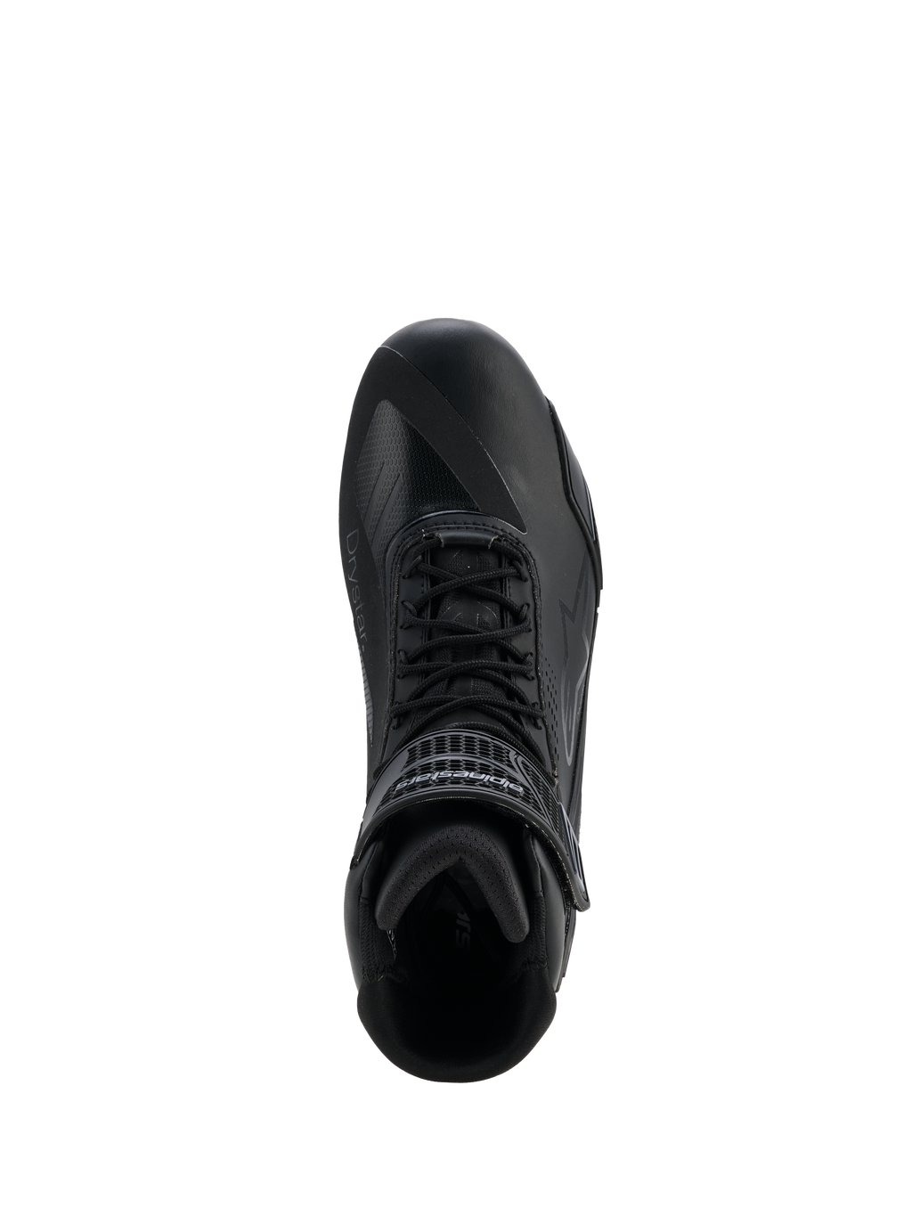 Sapatos Alpinestars Faster-4 Drystar®, Black Cool Gray, vista superior de sapato de condução de motociclismo, com fecho de atacadores e correia de velcro no tornozelo, construção em microfibra sem costuras com marca Drystar®, perfil atlético elegante para proteção em estrada
