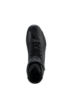 Sapatos Alpinestars Faster-4 Drystar®, Black Cool Gray, vista superior de sapato de condução de motociclismo, com fecho de atacadores e correia de velcro no tornozelo, construção em microfibra sem costuras com marca Drystar®, perfil atlético elegante para proteção em estrada