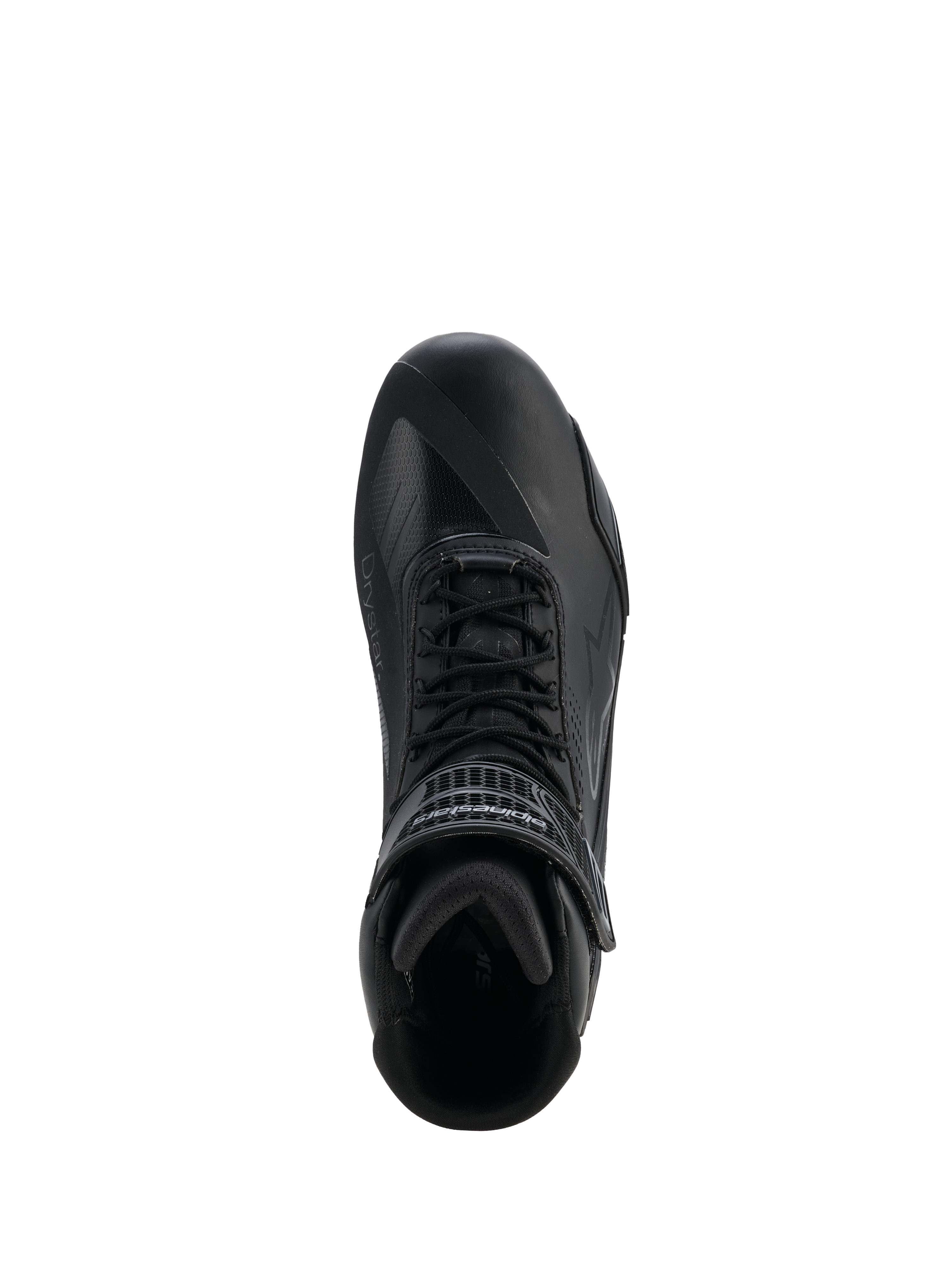 Sapatos Alpinestars Faster-4 Drystar®, Black Cool Gray, vista superior de sapato de condução de motociclismo, com fecho de atacadores e correia de velcro no tornozelo, construção em microfibra sem costuras com marca Drystar®, perfil atlético elegante para proteção em estrada